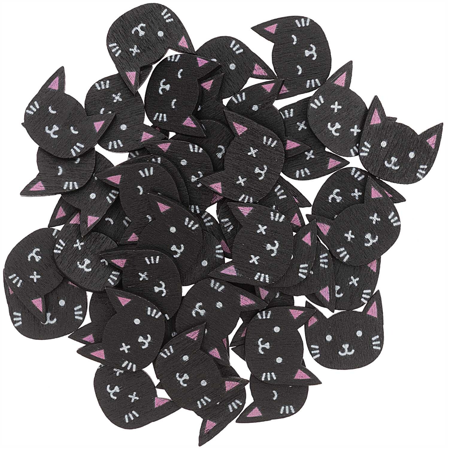 Holzstreu Katzen Mix schwarz 48 Stück: Schwarze Katzenstreu in Katzenform von Rico Design, ideal für kreative Bastelprojekte.