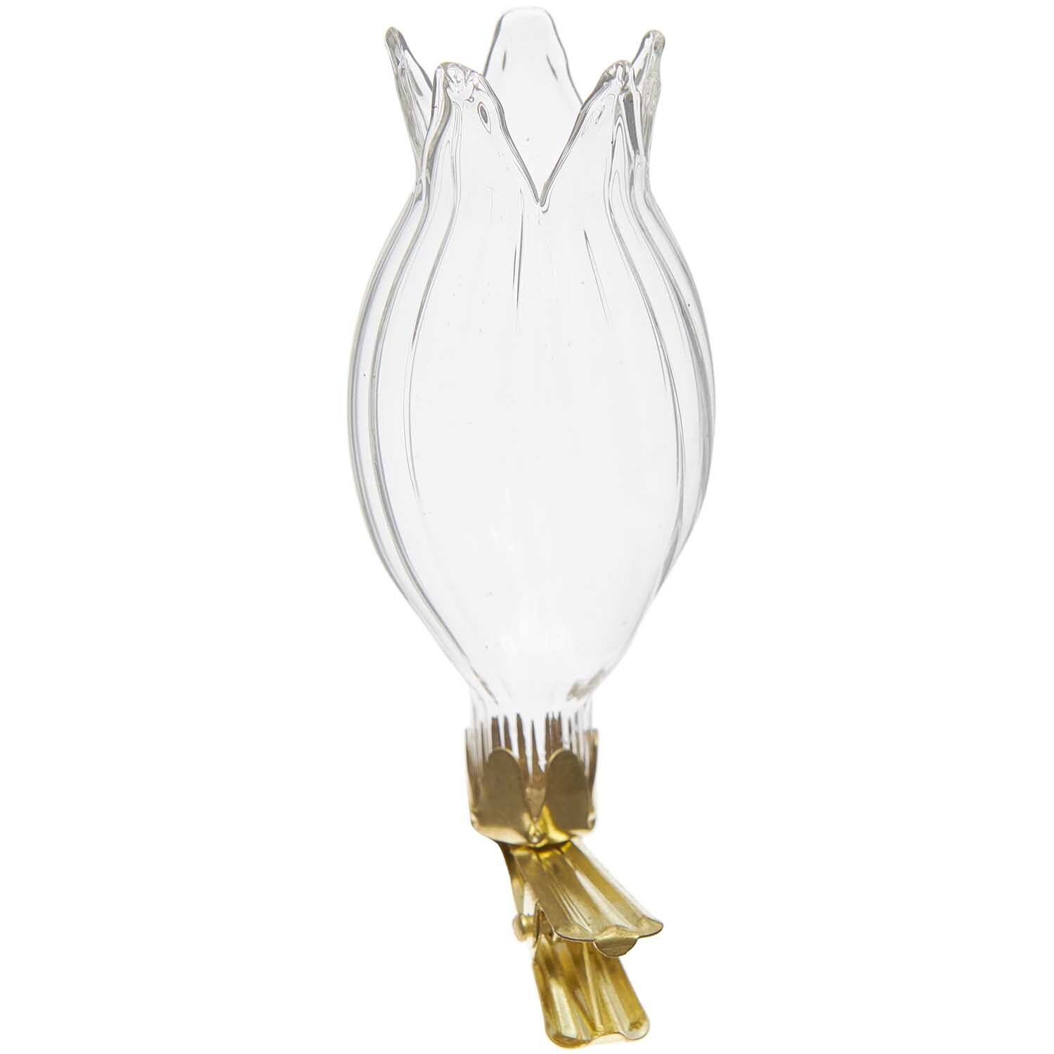 Mini Clip-Vase Blüte oval 3,5x8cm aus klarem Glas mit goldfarbenem Clip von Rico Design. Ideal für elegante Dekorationen.