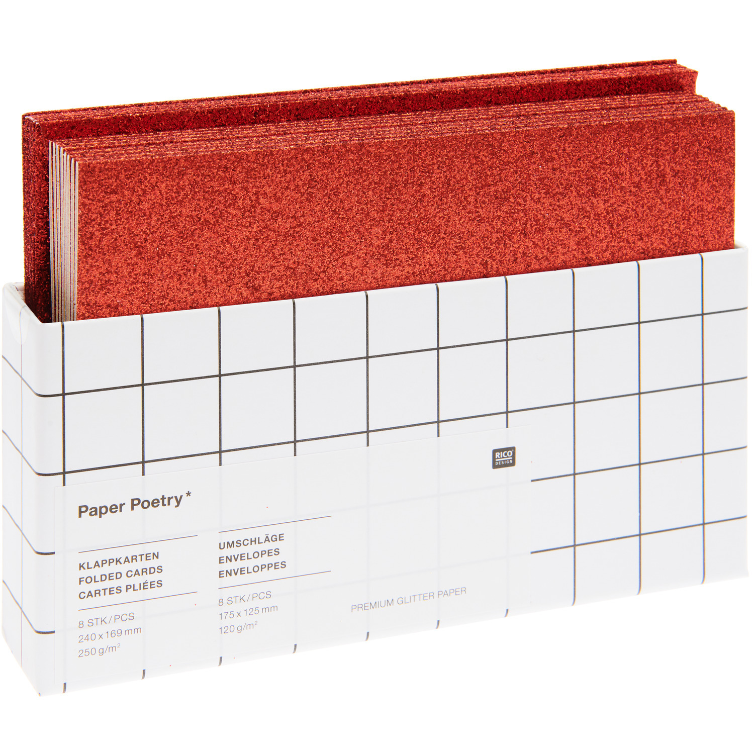 Paper Poetry Karten- und Umschlagset Glitter B6 Rot, 16-teilig. Rote Glitzerkarten in weißer Verpackung mit Rastermuster, ideal für kreative Projekte.