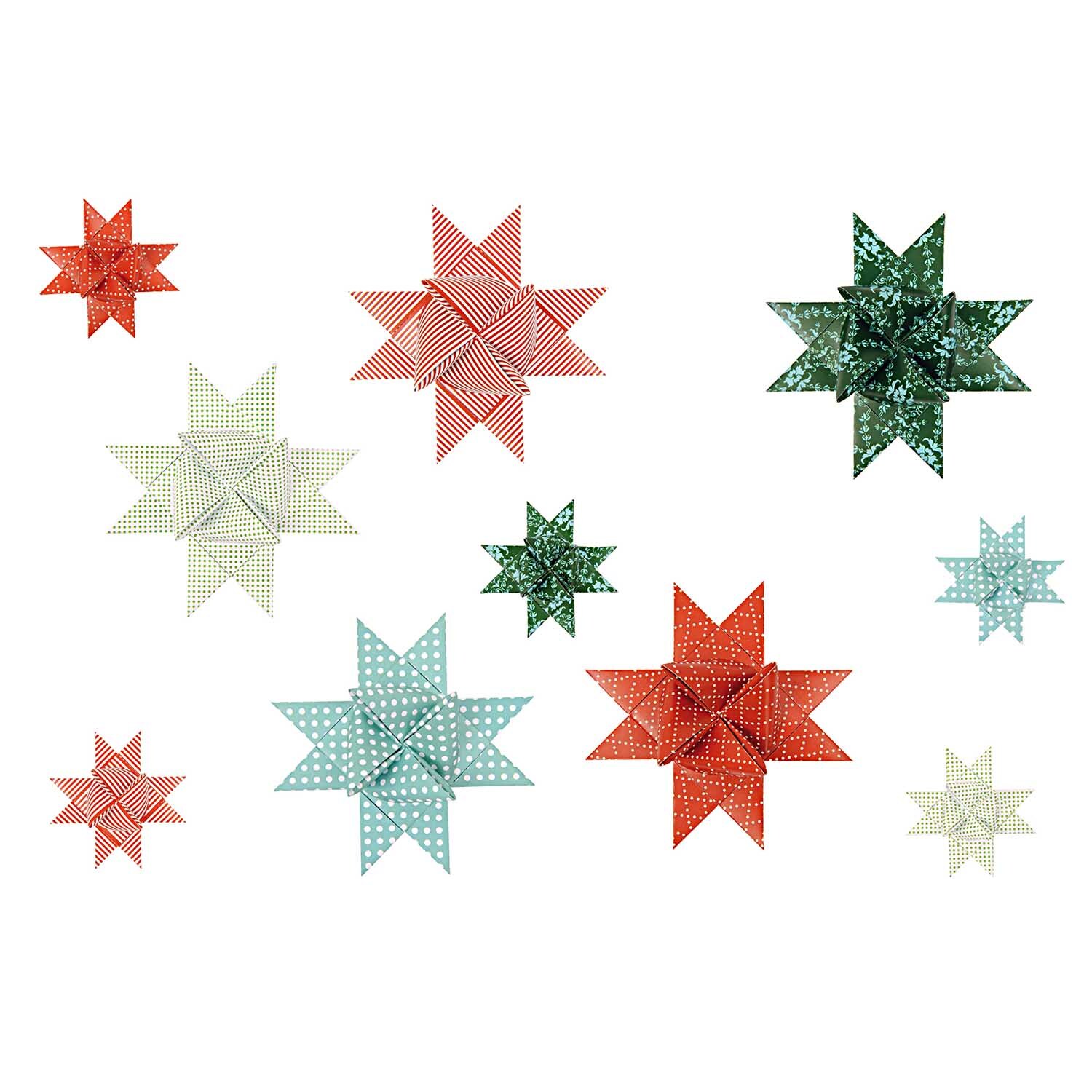 Paper Poetry Fröbelstreifen Christmas Mix zeigt bunte, gefaltete Sterne in Rot, Grün und Blau. Ideal für festliche Dekorationen.
