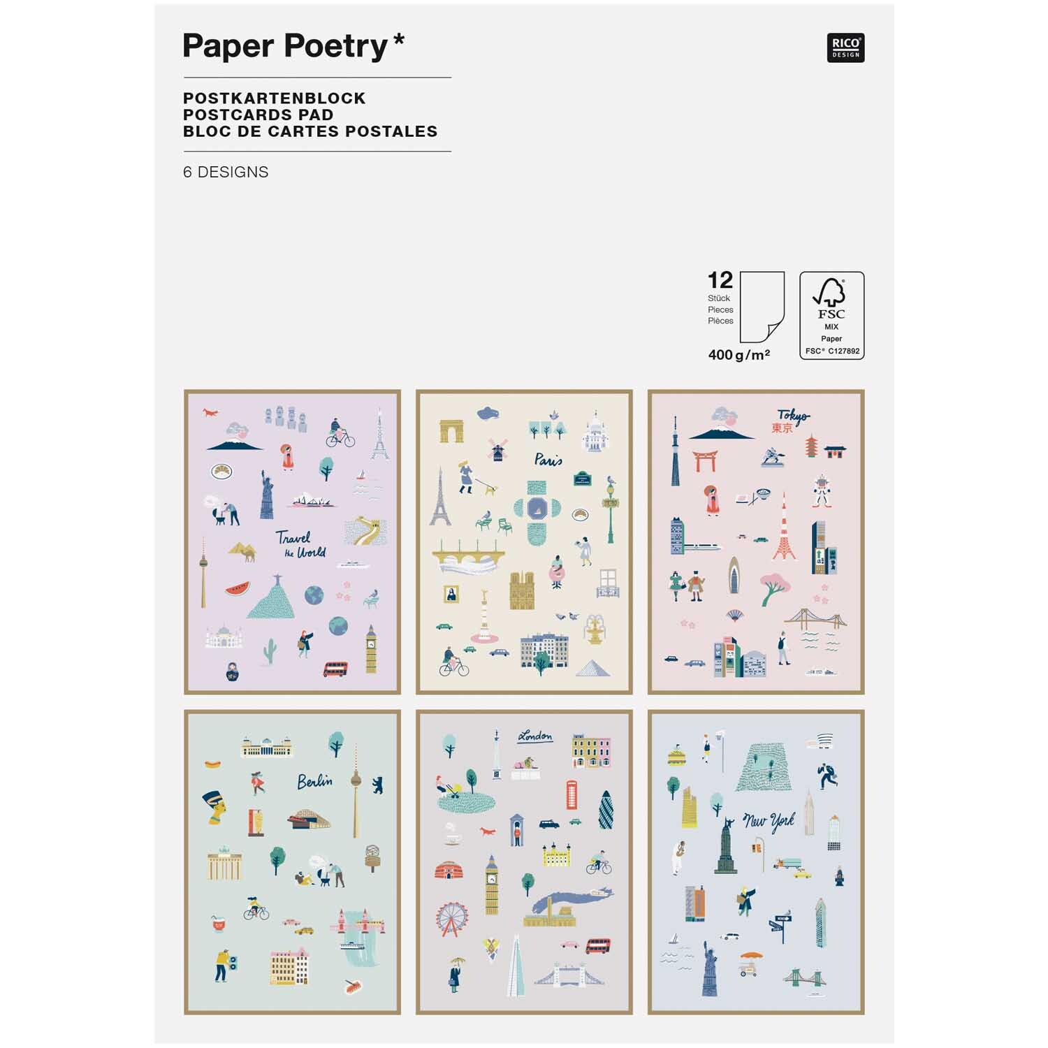 Paper Poetry Postkartenblock Travel the World 12 Stück zeigt bunte, illustrierte Reise-Motive. Ideal für kreative Projekte und Grußkarten.