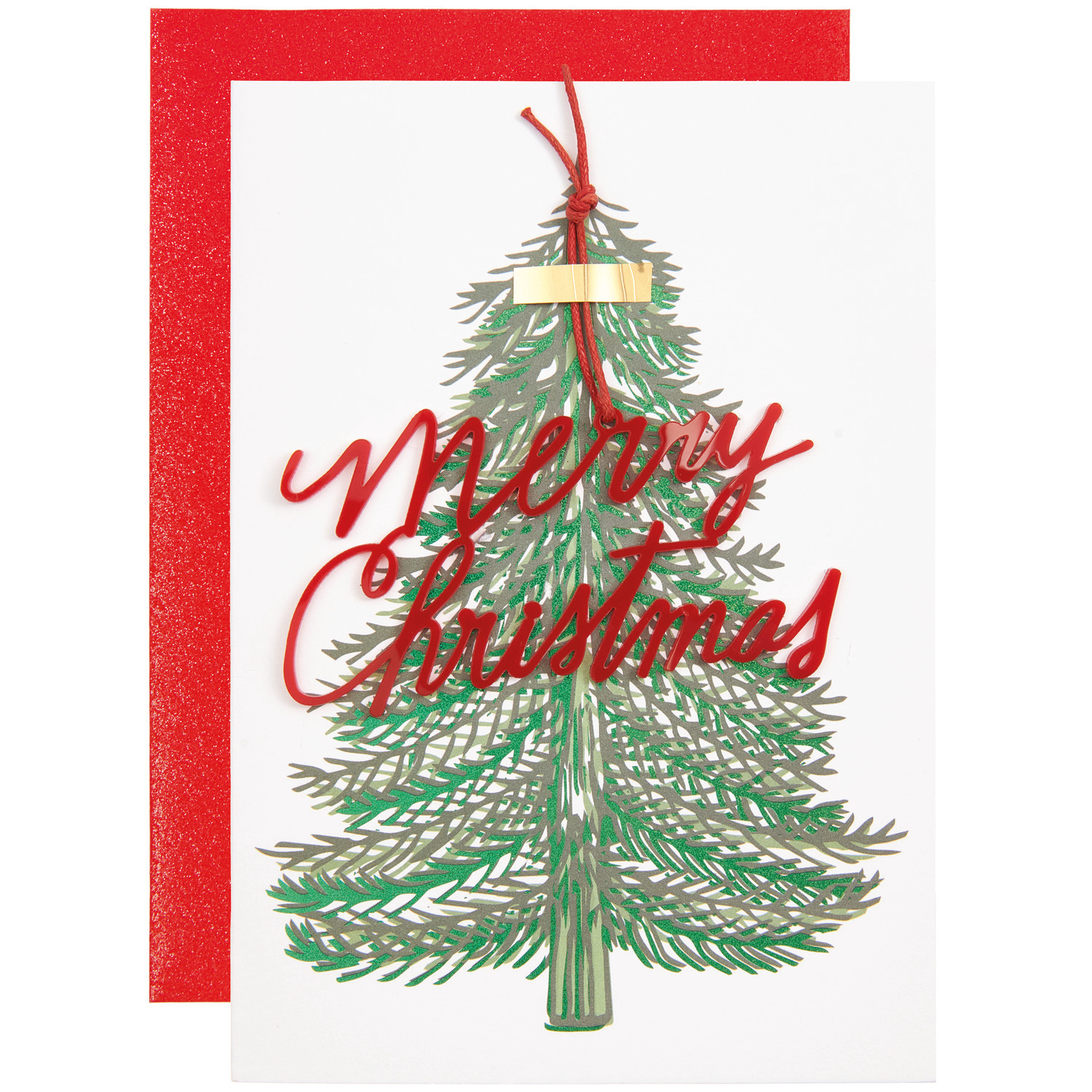 Paper Poetry Grußkarte Weihnachtsbaum mit Acrylanhänger, rote Schrift, grüner Baum, B6.