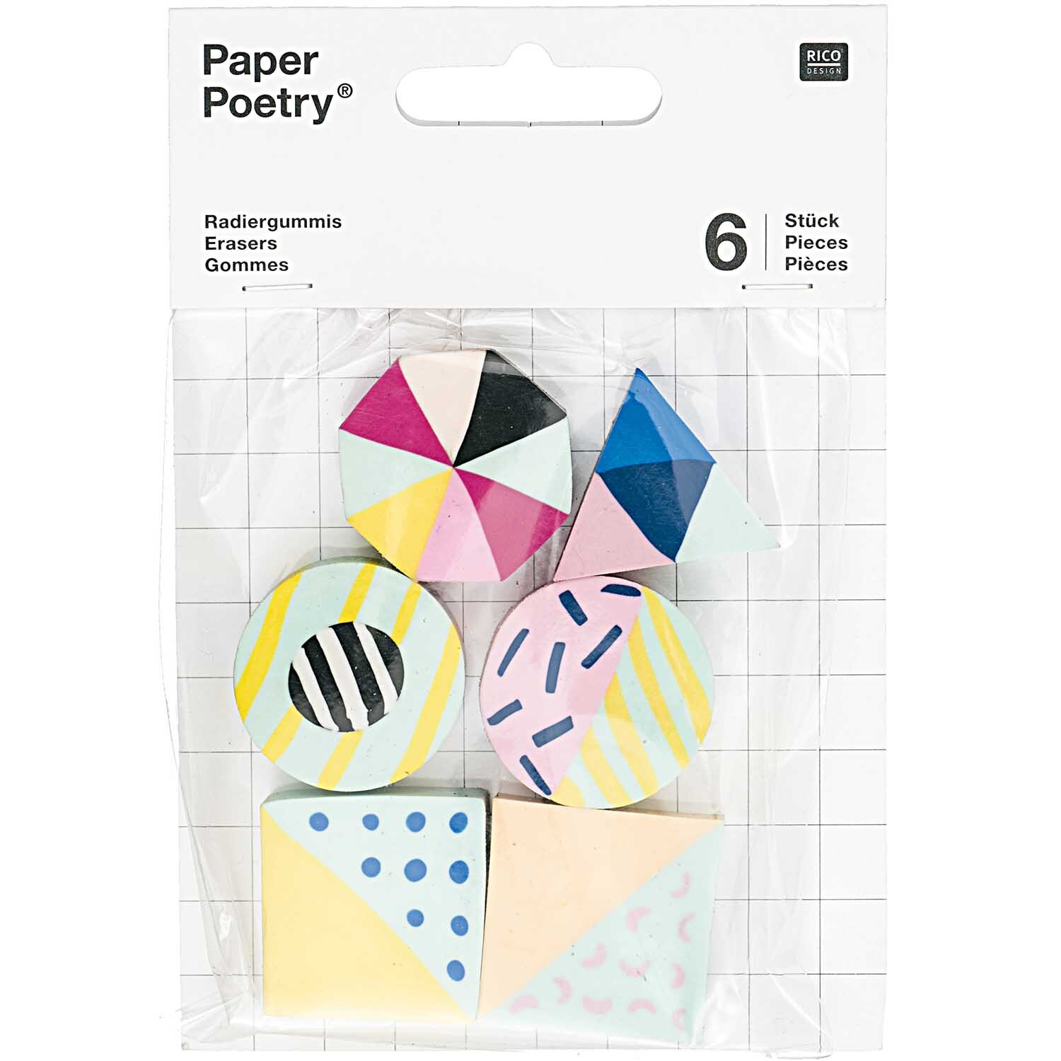 Paper Poetry Radiergummis modern mix 6 Stück in geometrischen Formen und bunten Mustern. Ideal für kreative Projekte.