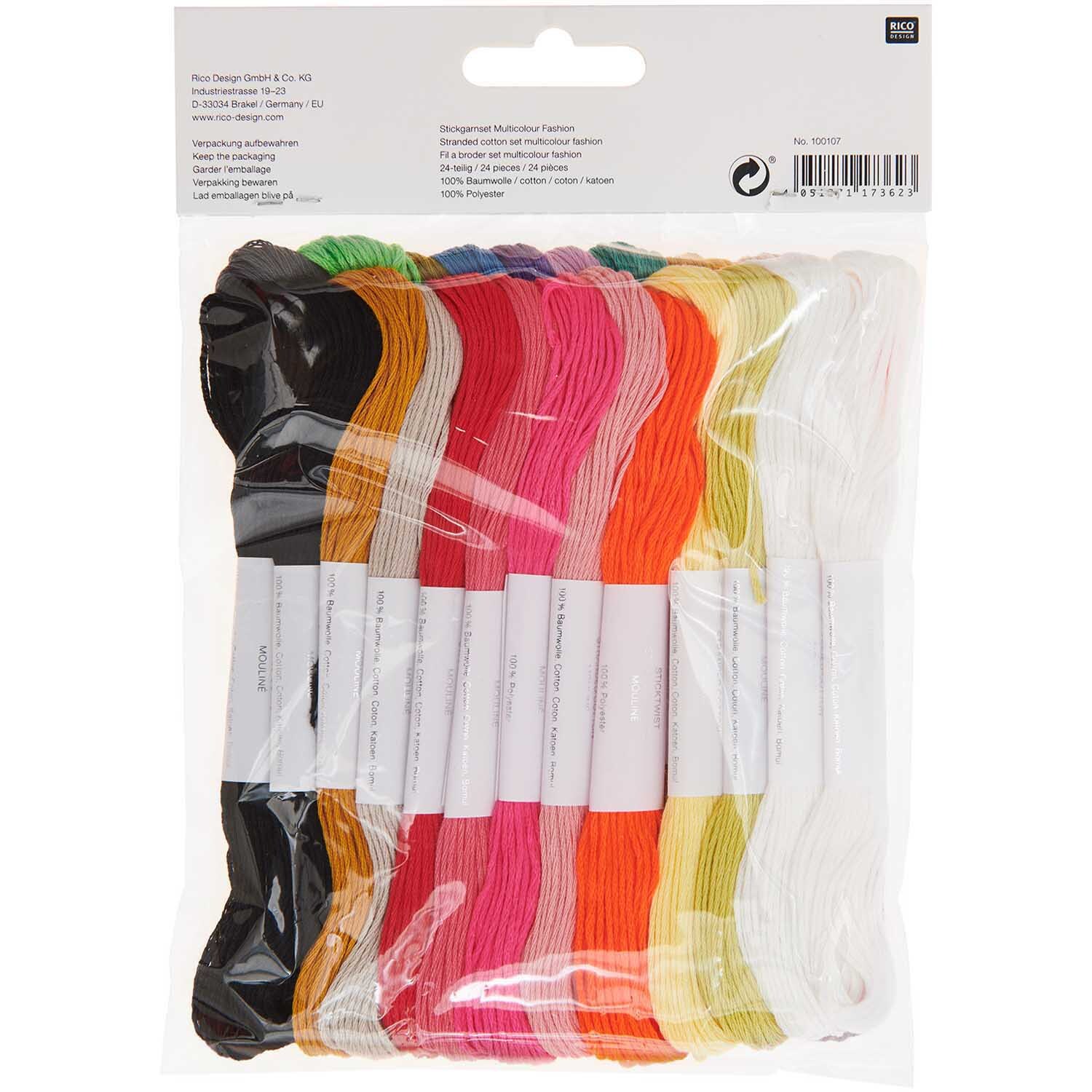 Set de fils à broder Multicolour Fashion 24 pièces 24-teilig from Rico Design Stickgarn Set Multicolour Fashion: 24-teiliges Set von Rico Design mit bunten Garnen in einer transparenten Verpackung.
