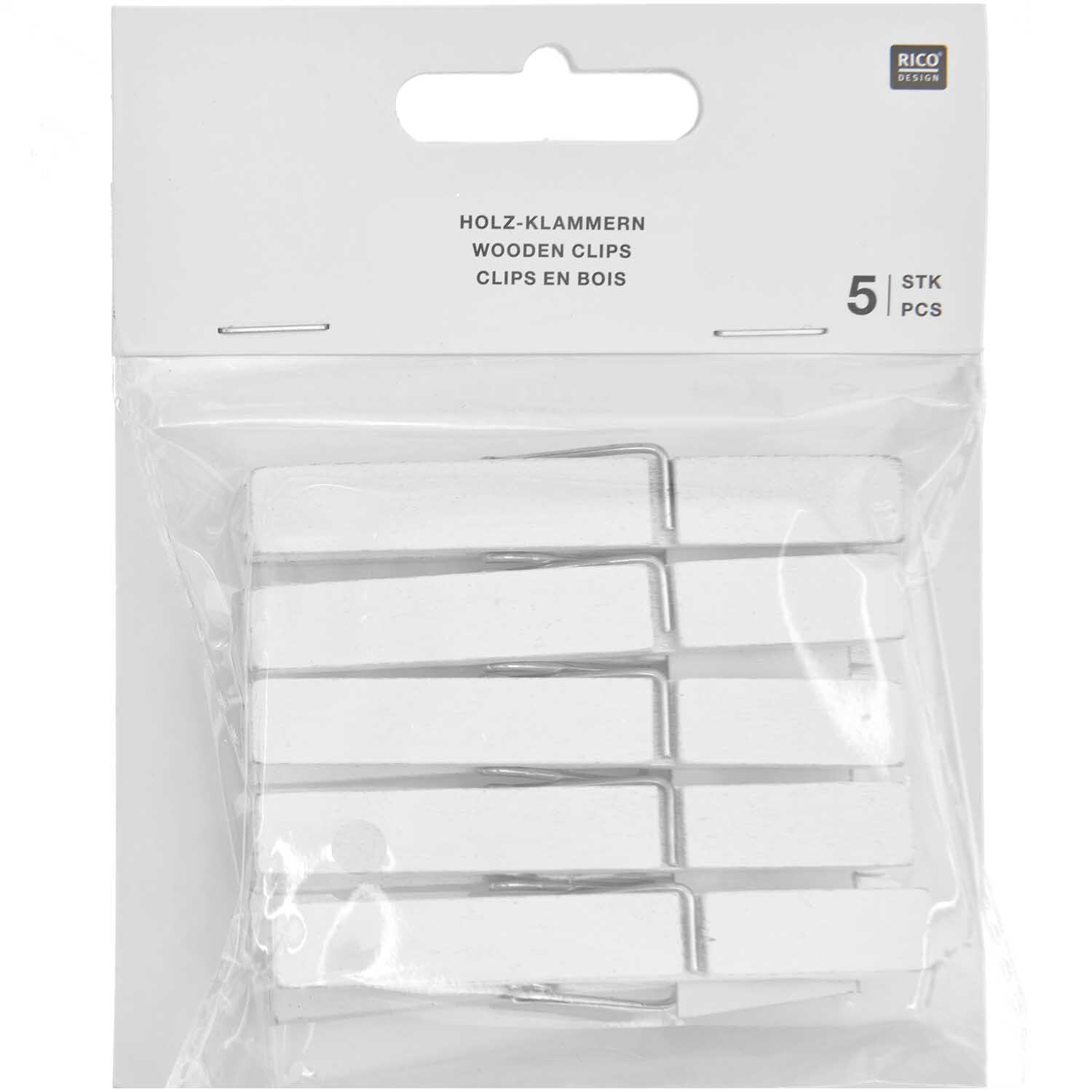 Holzklammern groß von Rico Design, 5 weiße Clips in einer transparenten Verpackung, 7,2 cm lang.