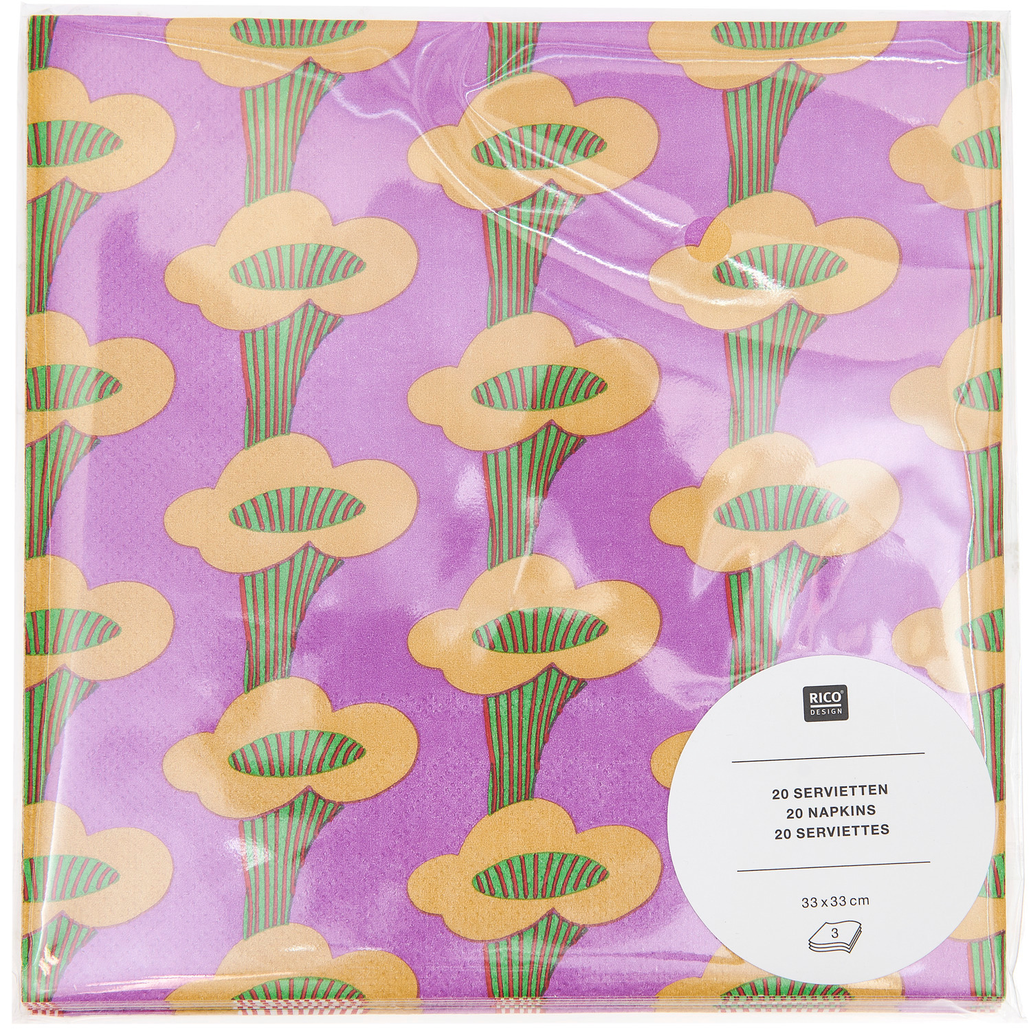Serviettes Chanterelles Violet 33x33cm 20 pièces from Rico Design Servietten Pfifferlinge Violett mit dekorativem Pilzmuster, 33x33cm, 20 Stück von Rico Design.