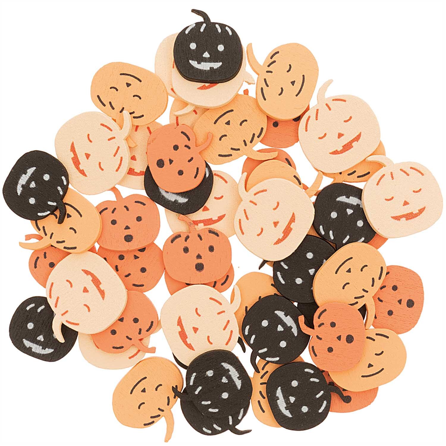 Holzstreu Kürbis Mix orange-schwarz 48 Stück von Rico Design zeigt lachende Kürbisse in Orange und Schwarz, ideal für herbstliche Dekorationen.