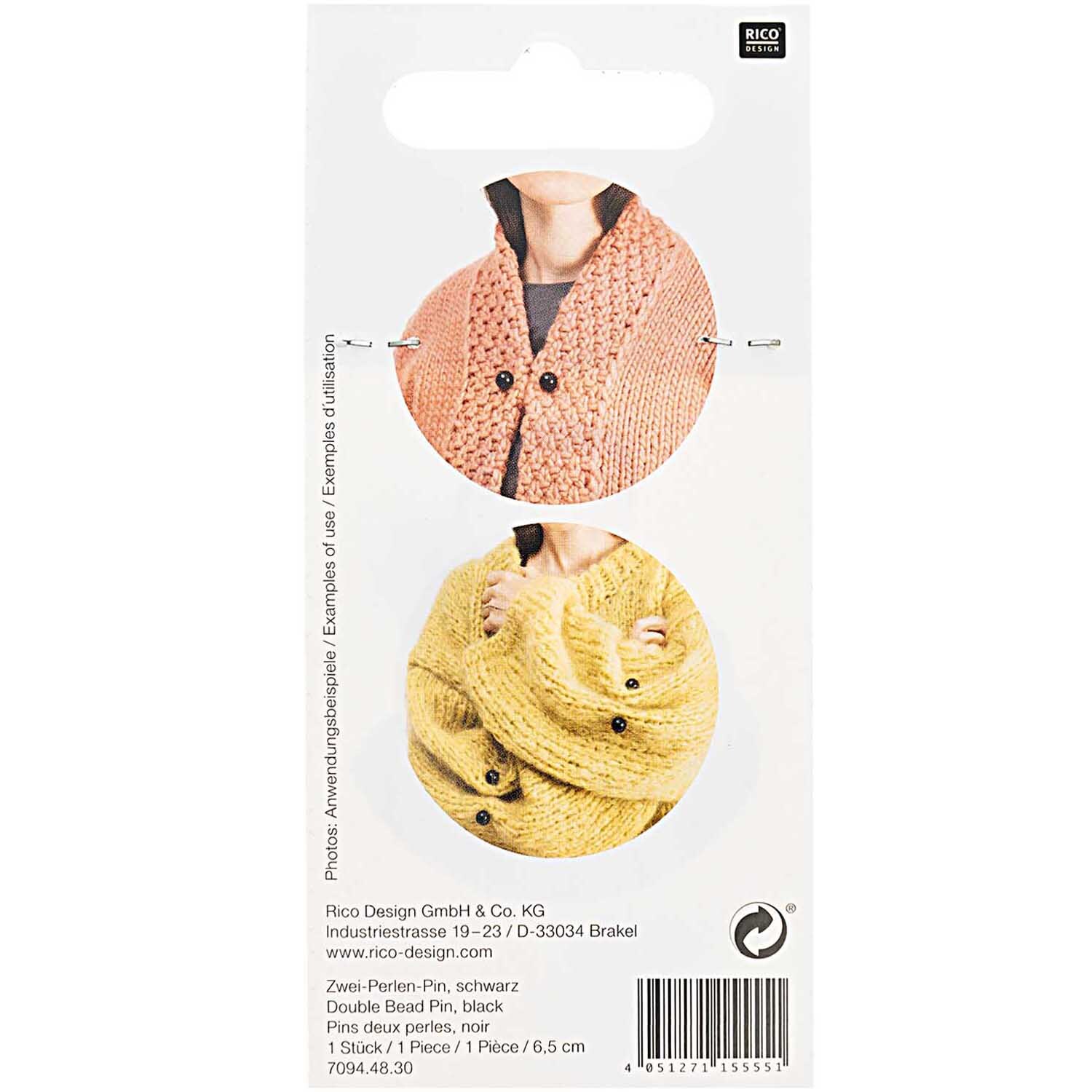 Zwei-Perlen-Pin 65mm 1 Stück Farbe Schwarz von Rico Design Zwei-Perlen-Pin 65mm, ideal zum Verschließen von Strickjacken, abgebildet in Schwarz von Rico Design.