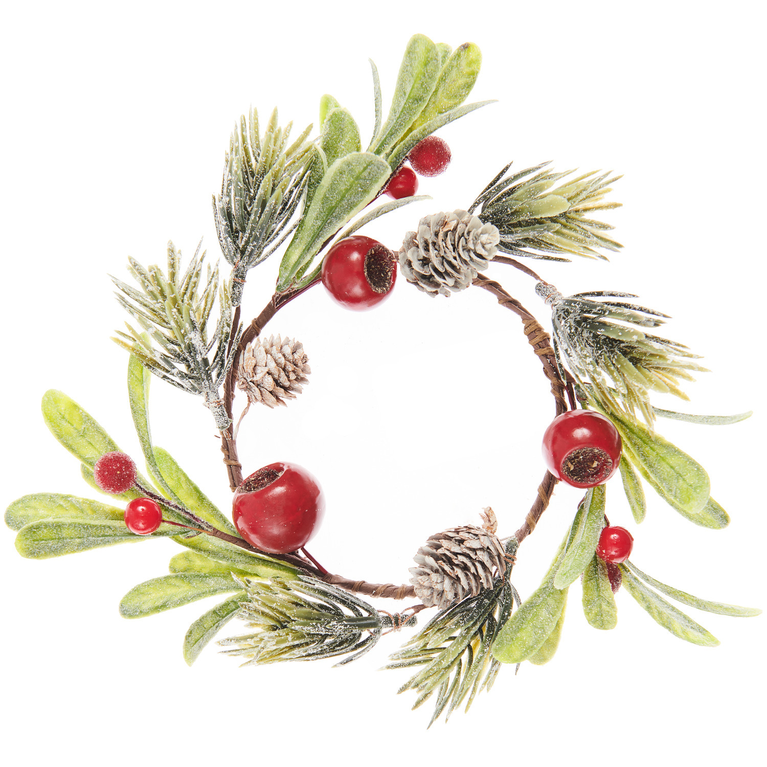 Tannenkranz mit Zapfen und Früchten, Ø20cm, dekoriert mit roten Beeren und grünen Blättern.
