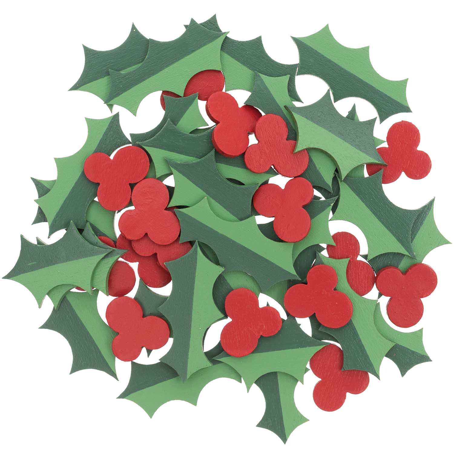 Holzstreu Ilex grün-rot 48 Stück von Rico Design zeigt grüne Blätter und rote Beeren, ideal für festliche Dekorationen.