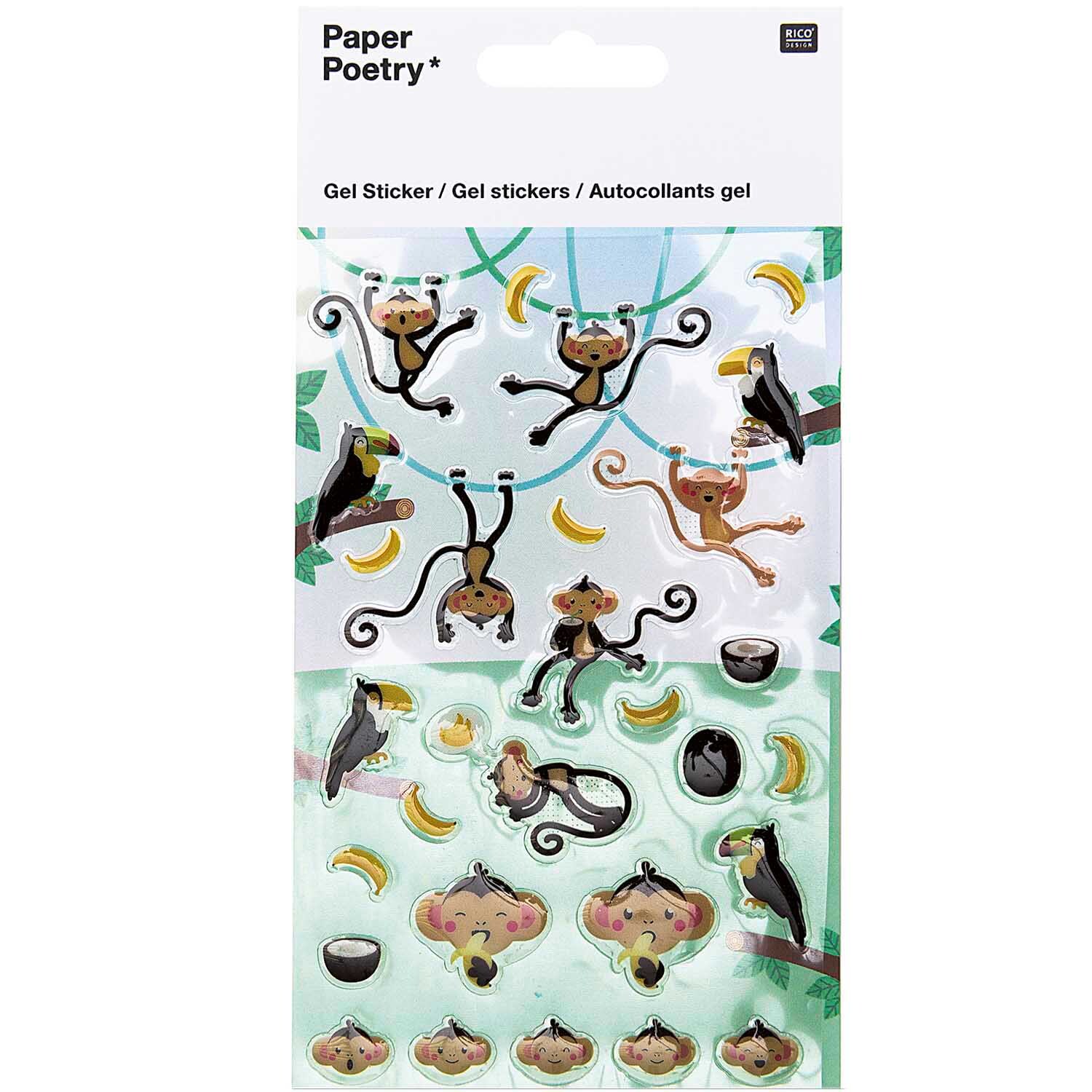 Paper Poetry Gelsticker Affen zeigen fröhliche Affen und Bananen in lebhaften Farben auf einem Stickerbogen. Ideal für kreative Projekte.