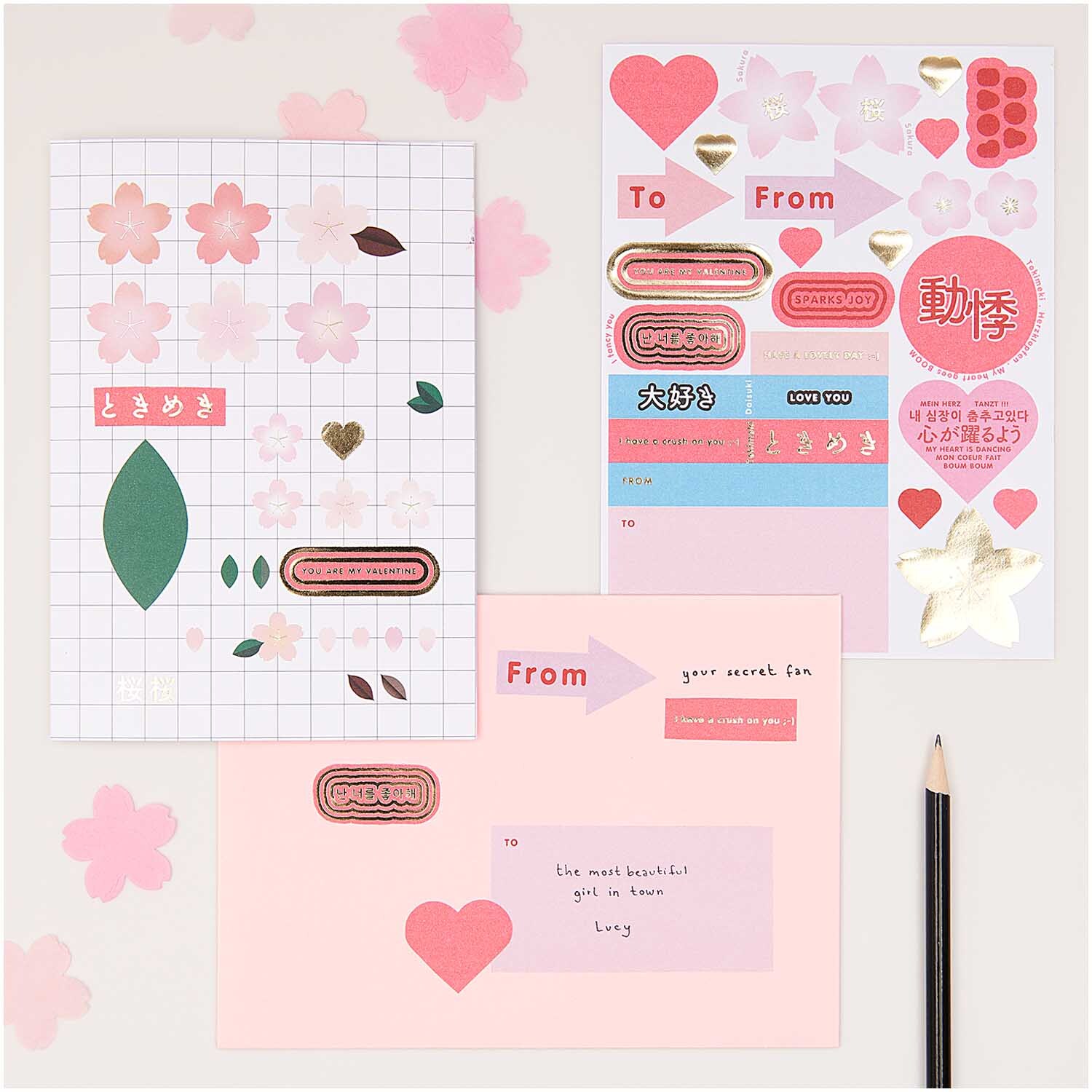 Paper Poetry Grußkartenset Kirschblüten grafisch mit rosa und goldenen Elementen, ideal für kreative Grüße.