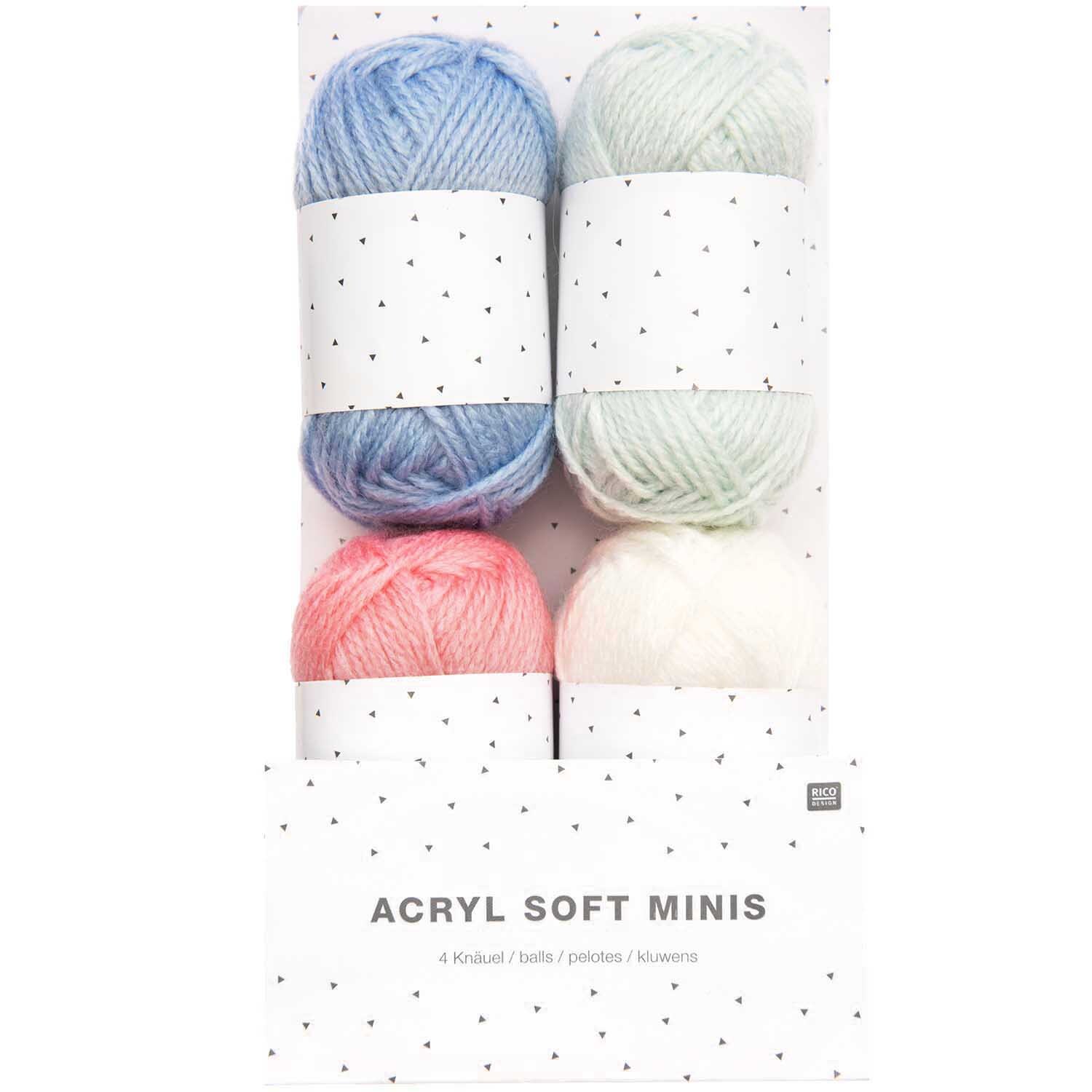 Acryl Soft Minis pastell: Vier Knäuel in sanften Pastelltönen von Rico Design, ideal für kreative Projekte.