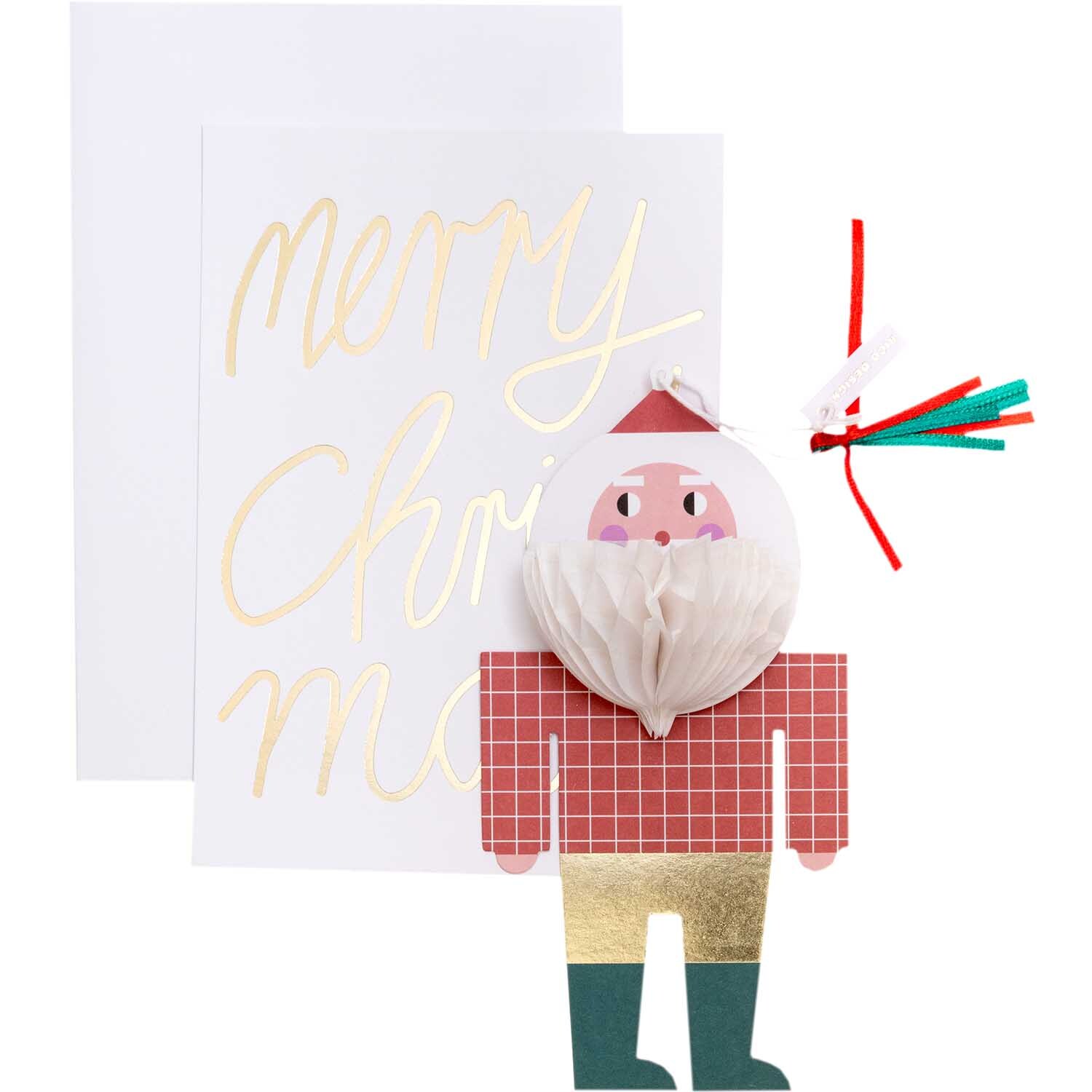 Paper Poetry Kartenset mit Pop-Up Anhänger Weihnachtsmann B6, festlich gestaltet in Rot, Gold und Grün, ideal für Weihnachtsgrüße.