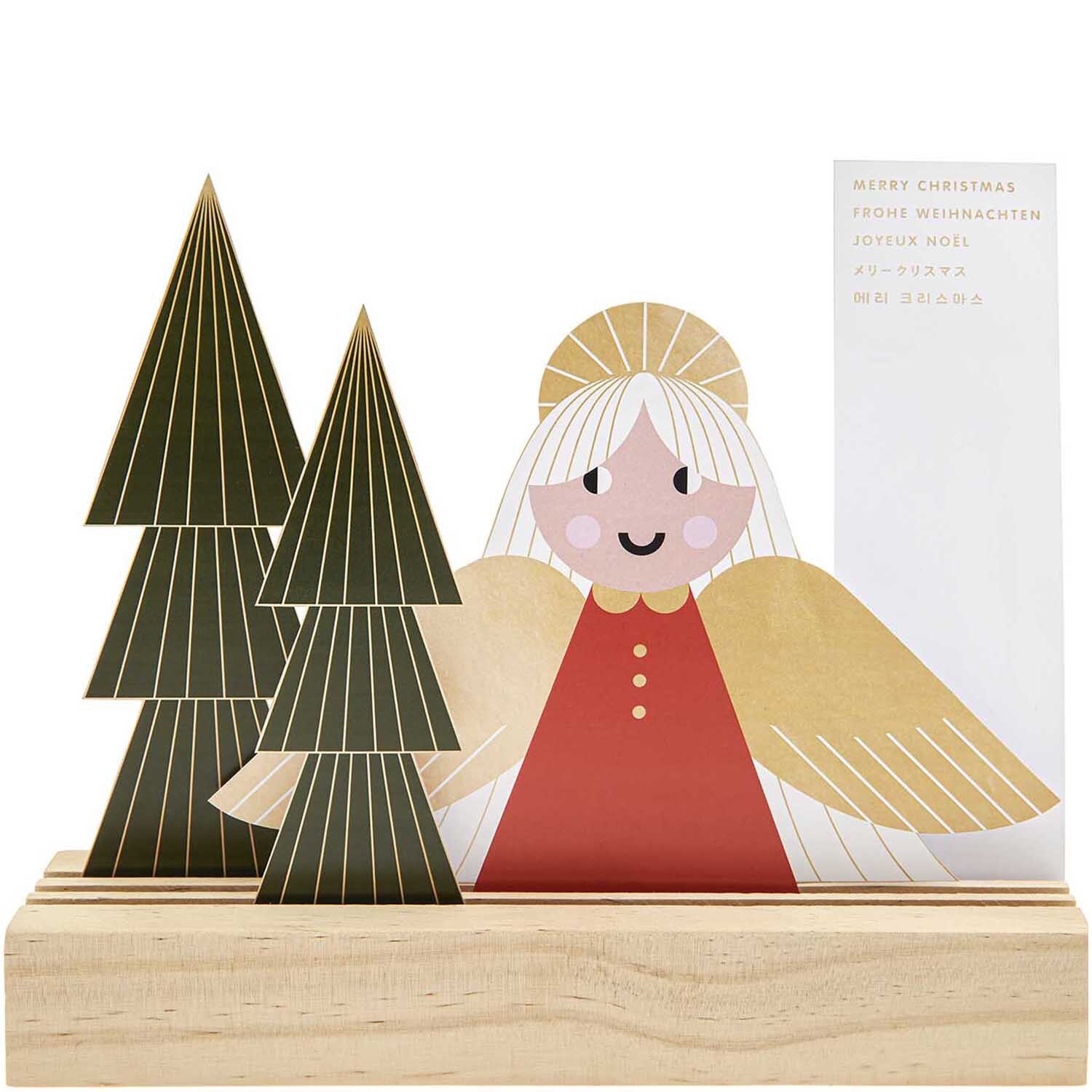 Paper Poetry Postkartendeko-Set Engel 4 Stück: Weihnachtliche Deko mit Engel und Tannenbäumen auf Holzsockel. Ideal für festliche Grüße.
