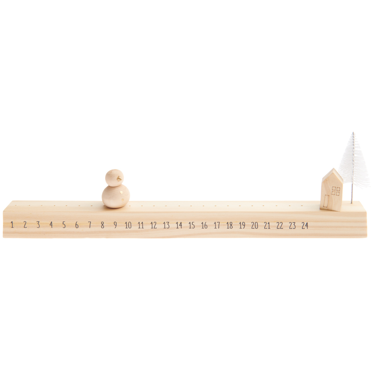 Schiebe-Adventskalender mit Schneemann aus Holz, 36x11,5x3cm, mit Zahlenreihe und Deko.
