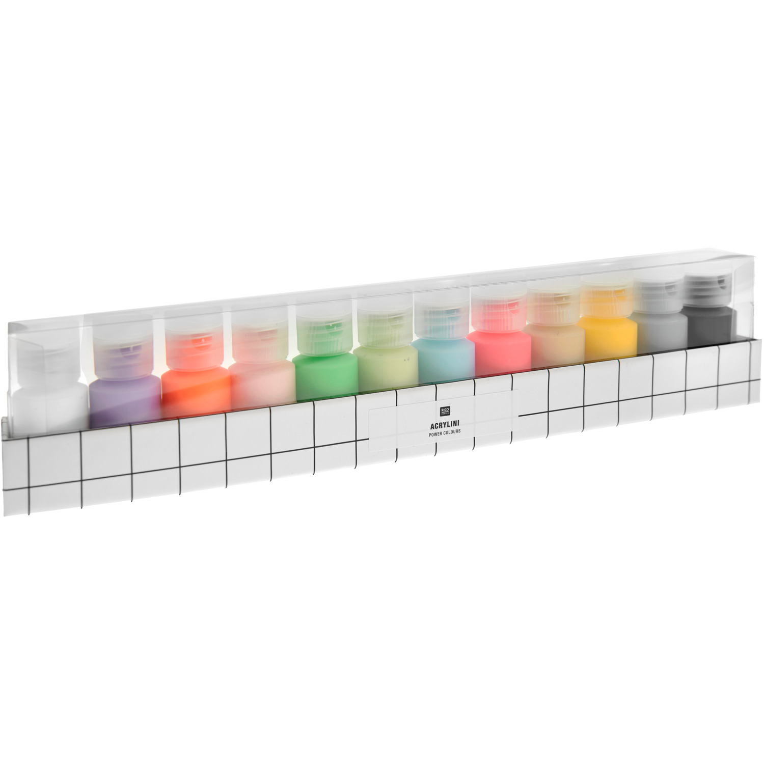Acrylini Acrylfarben Set Power Colours mit 12 leuchtenden Farben in 22ml Flaschen von Rico Design.