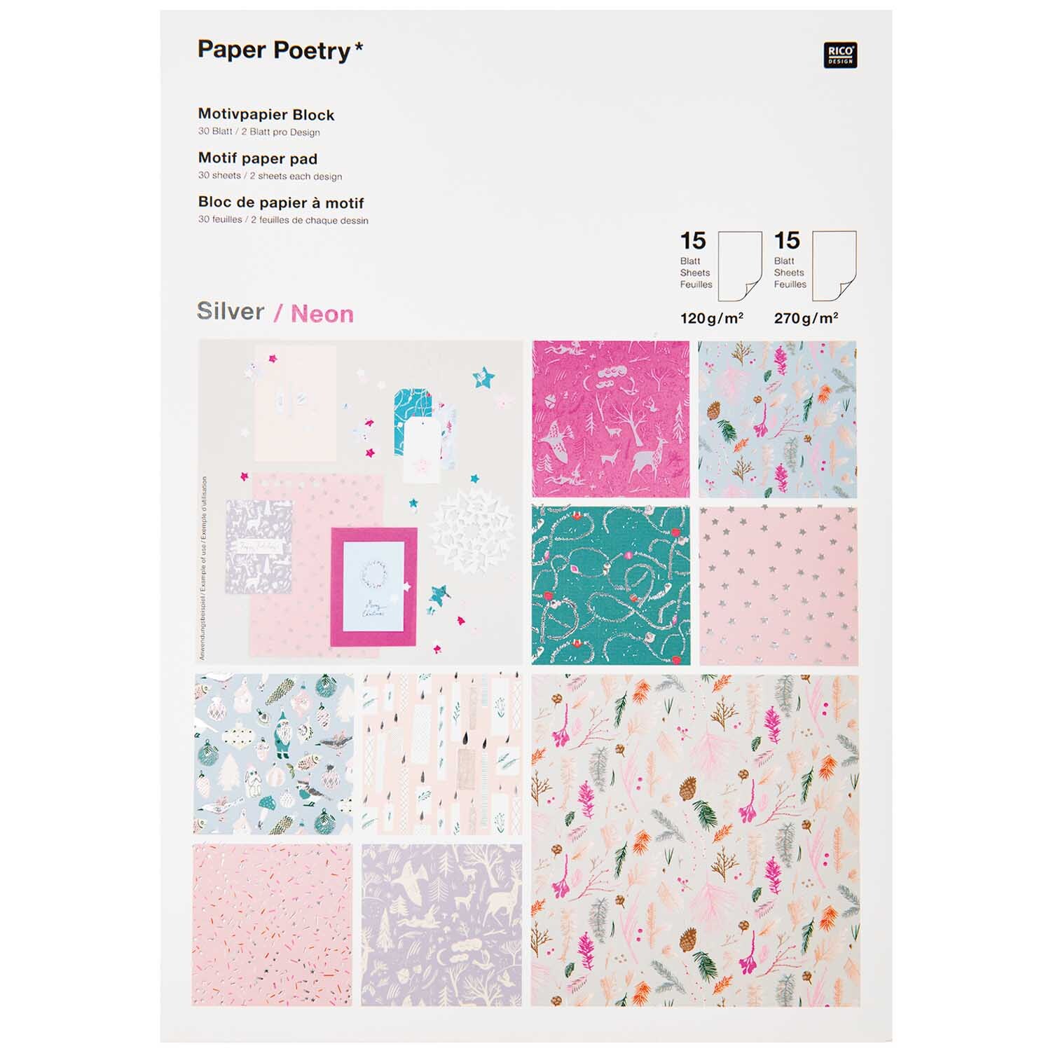 Paper Poetry Motivpapier Nostalgic Christmas zeigt pastellfarbene Designs mit weihnachtlichen Motiven. Ideal für kreative Projekte. Marke: Rico Design.