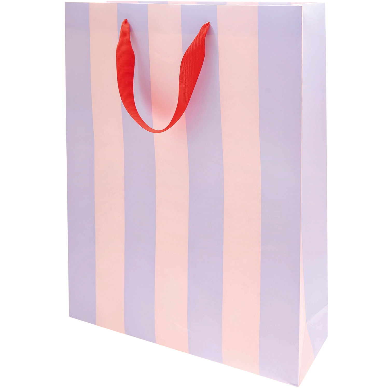 Geschenktüte Streifen Rosa-Flieder von Rico Design mit roten Griffen, ideal für Geschenke.