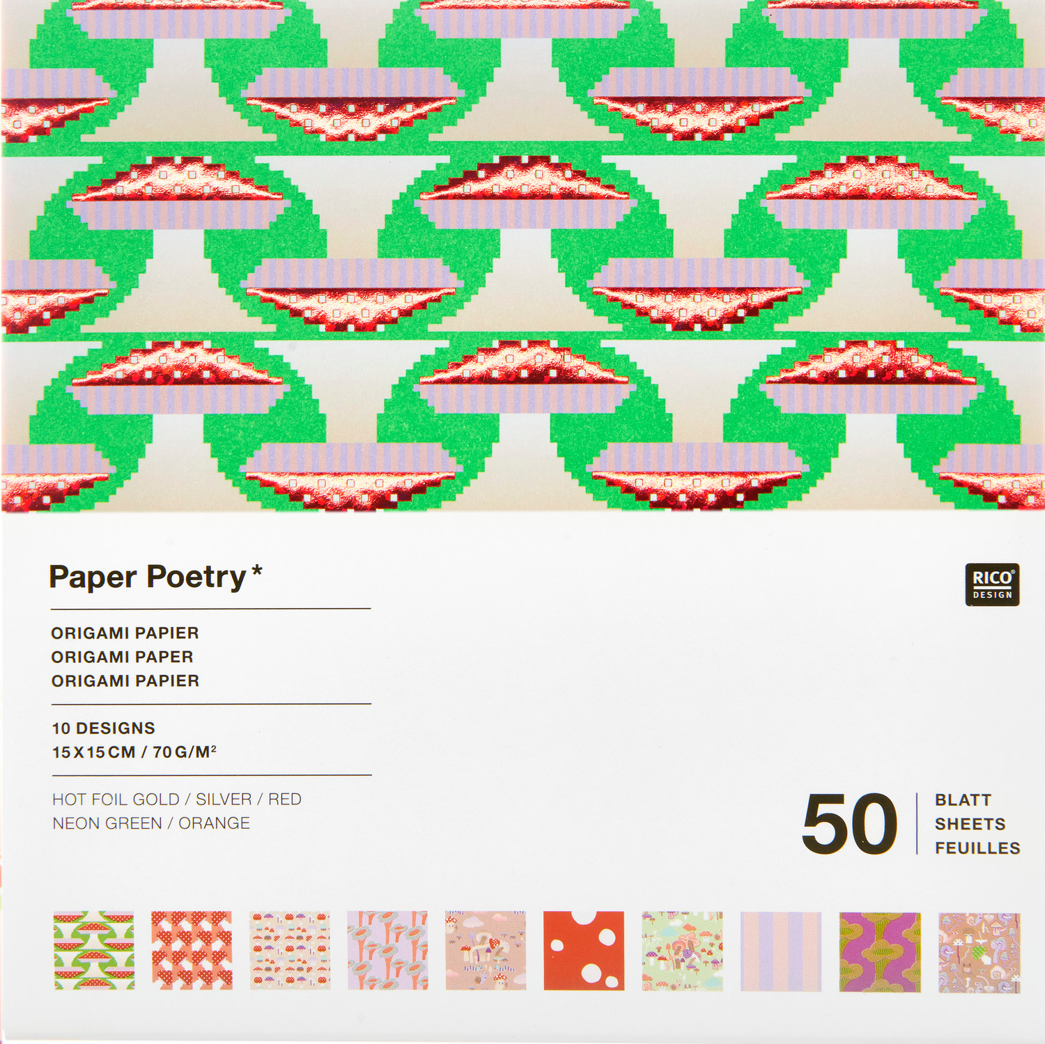 Paper Poetry Origami Shrooom: Origamipapier mit buntem Pilzmuster, 50 Blatt, 15x15 cm, von Rico Design.