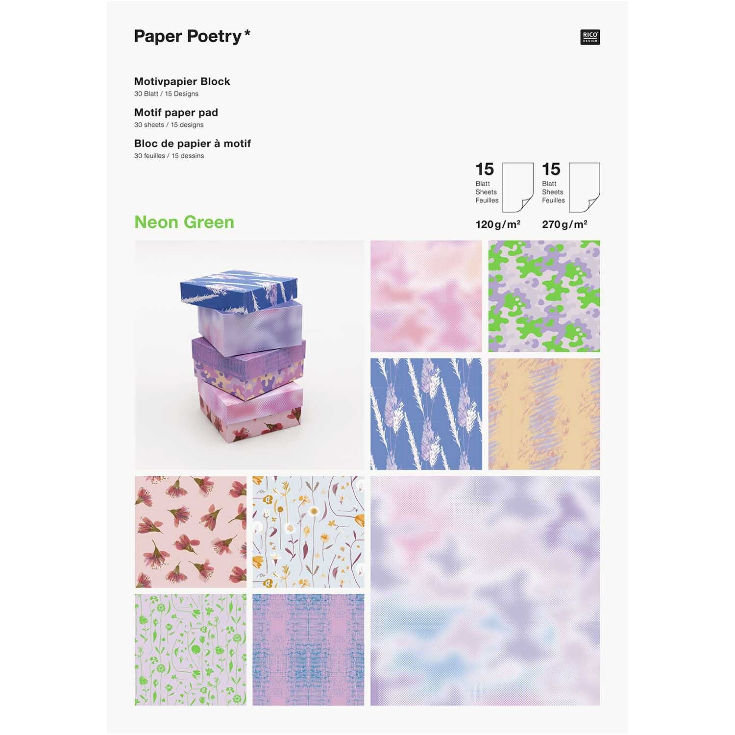 Paper Poetry Motivpapierblock Transformation 30 Blatt mit bunten Mustern und Designs von Rico Design, ideal für kreative Projekte.