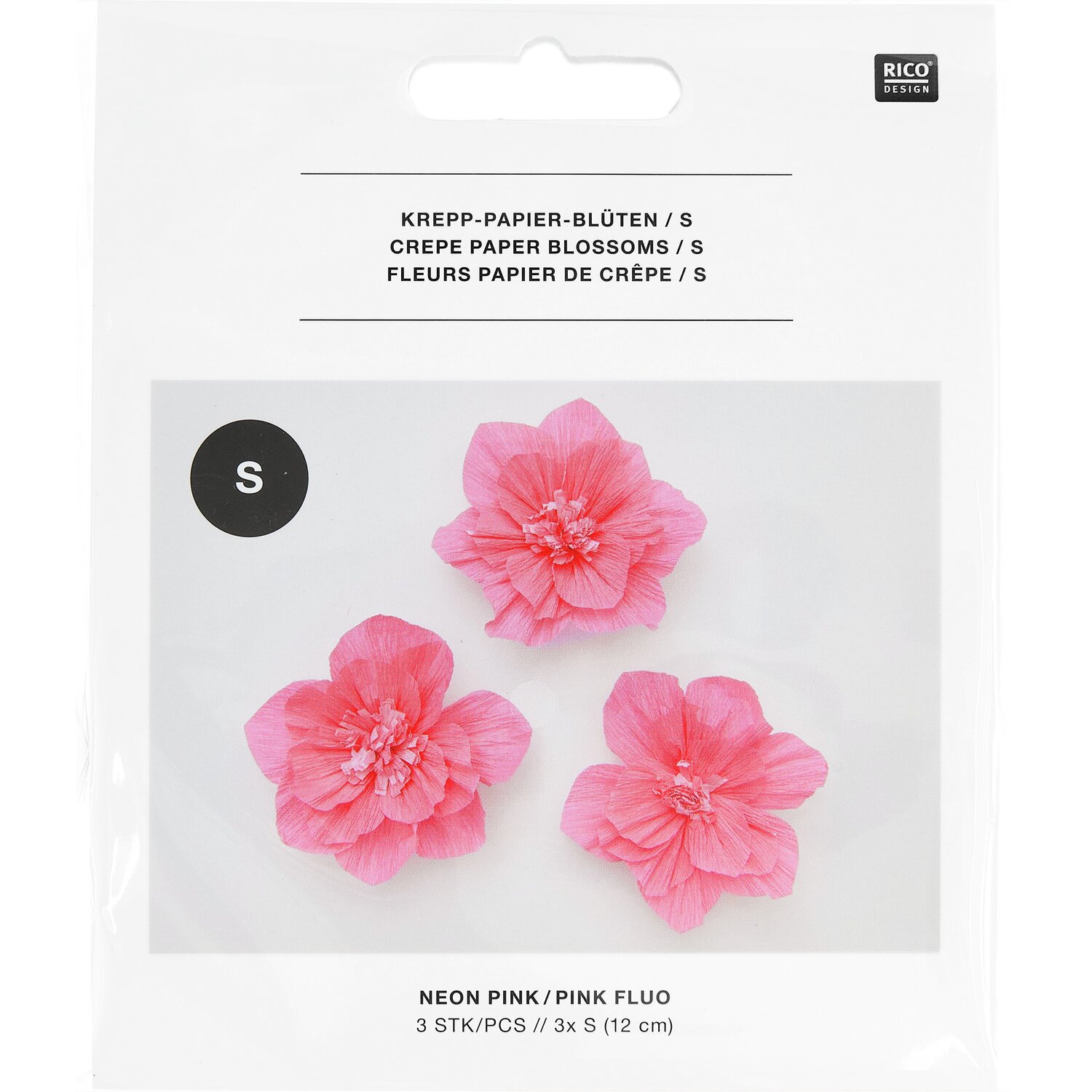 Krepppapier Blüten in Neonpink von Rico Design, Ø12cm, 3 Stück. Ideal für kreative Dekorationen.