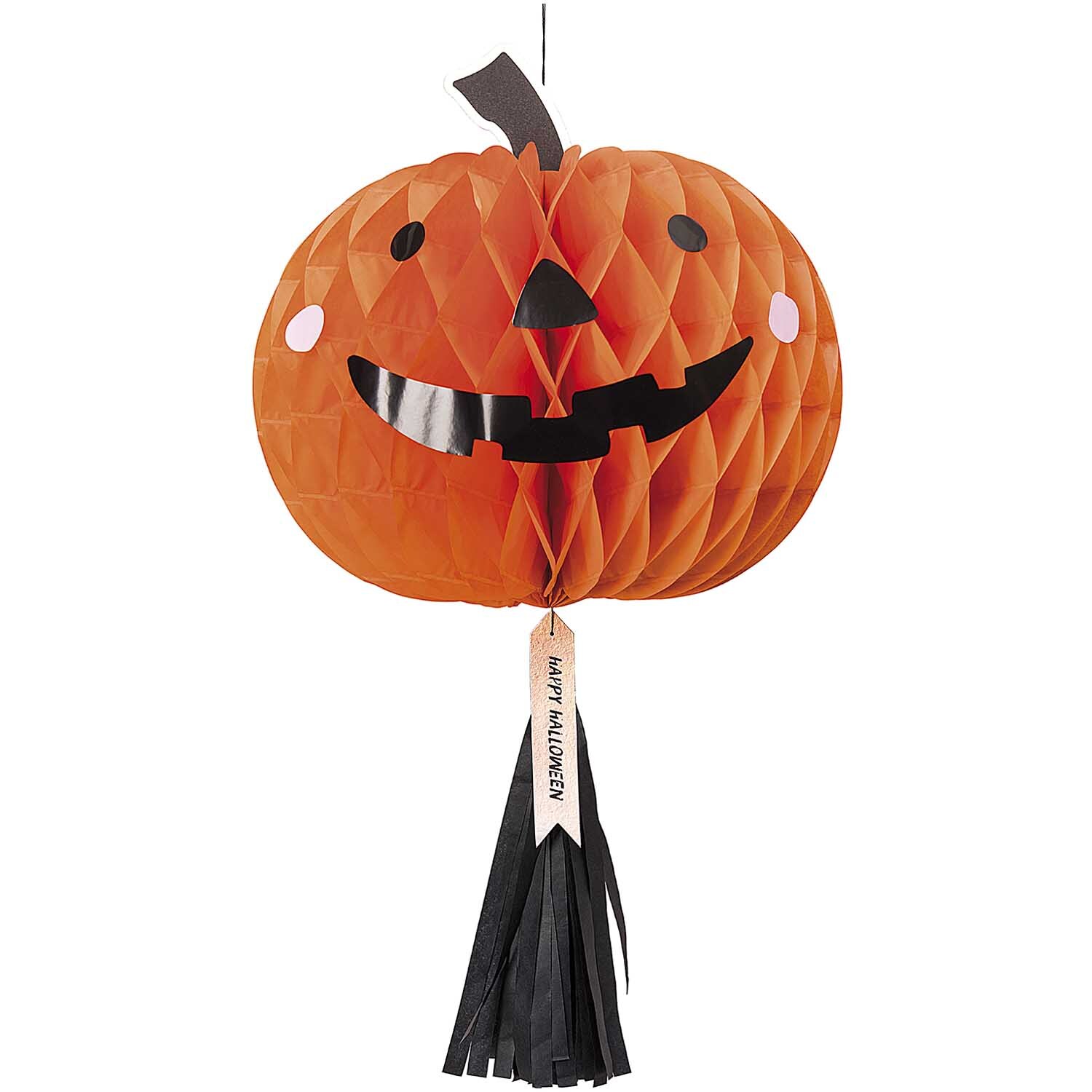 Wabenpapierfigur mit Quaste Kürbis 34x60cm: Orangefarbener Kürbis mit fröhlichem Gesicht und schwarzer Quaste von Rico Design.