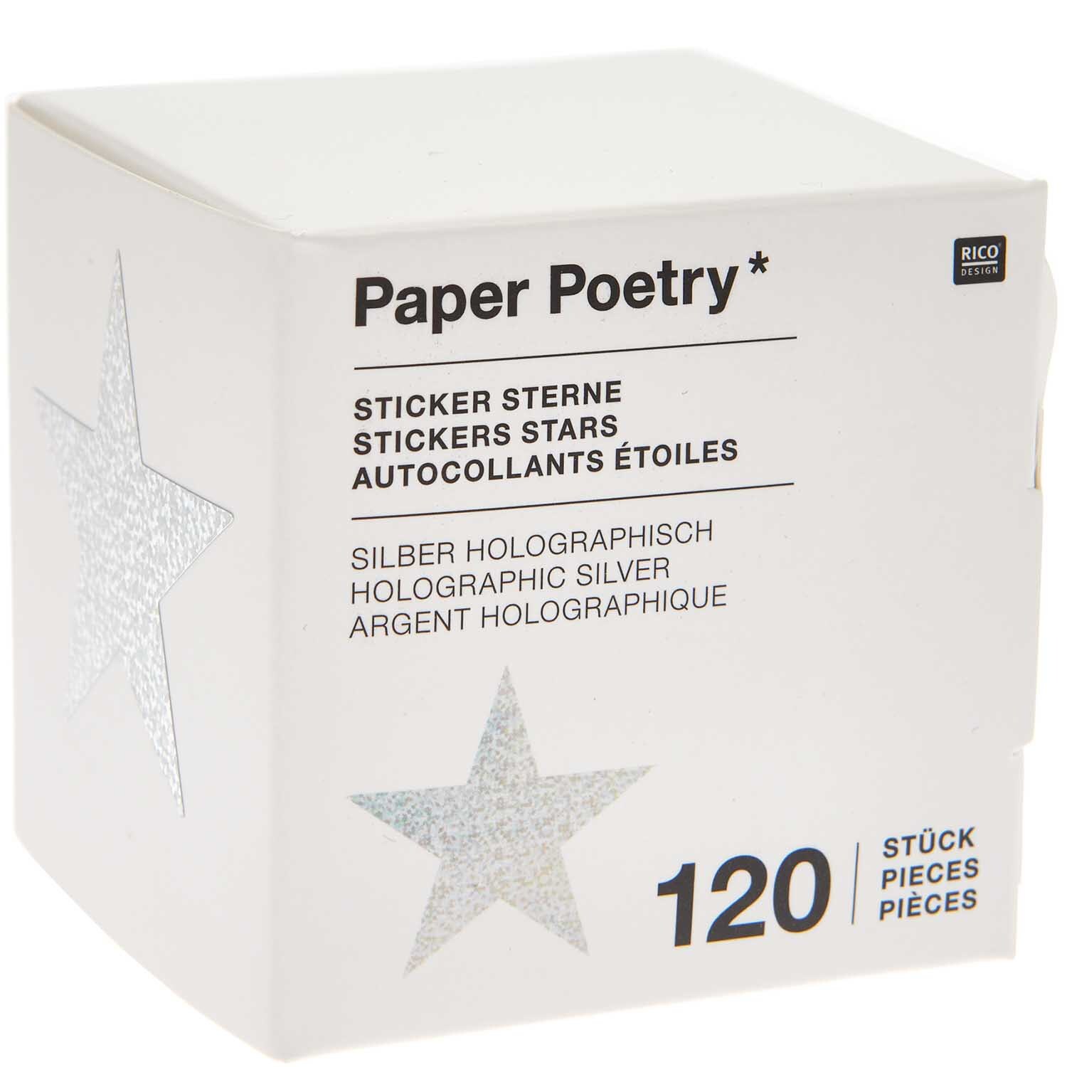 Paper Poetry Sticker Sterne 5cm 120 Stück auf der Rolle Hot Foil Farbe Silber-Holographisch von Rico Design Paper Poetry Sticker Sterne, 120 Stück auf Rolle, silber-holographisch, von Rico Design. Verpackung zeigt Sternendesign.
