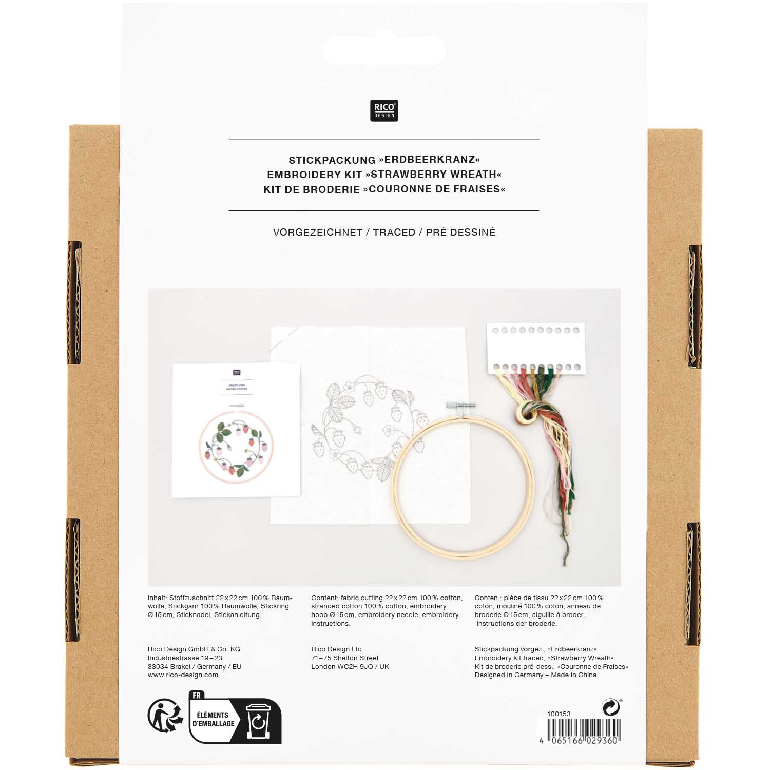 Kit de broderie couronne de fraises pré-dessiné from Rico Design Stickpackung Erdbeerkranz vorgezeichnet von Rico Design zeigt einen Stickrahmen mit Garn und Anleitung. Ideal für kreative Handarbeiten.