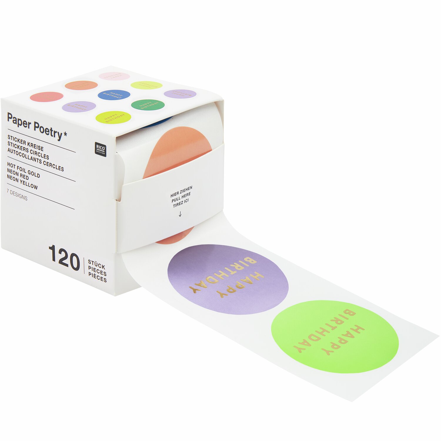 Paper Poetry Sticker Happy Birthday: Runde Sticker mit bunten Kreisen, 5,5 cm, 120 Stück, von Rico Design.