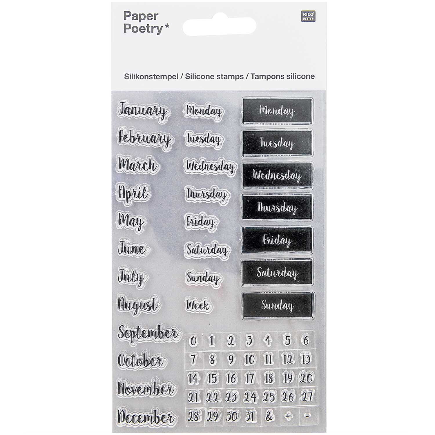 Paper Poetry Silikonstempel-Set mit Monats- und Wochentagsstempeln, ideal für Kalendergestaltung.