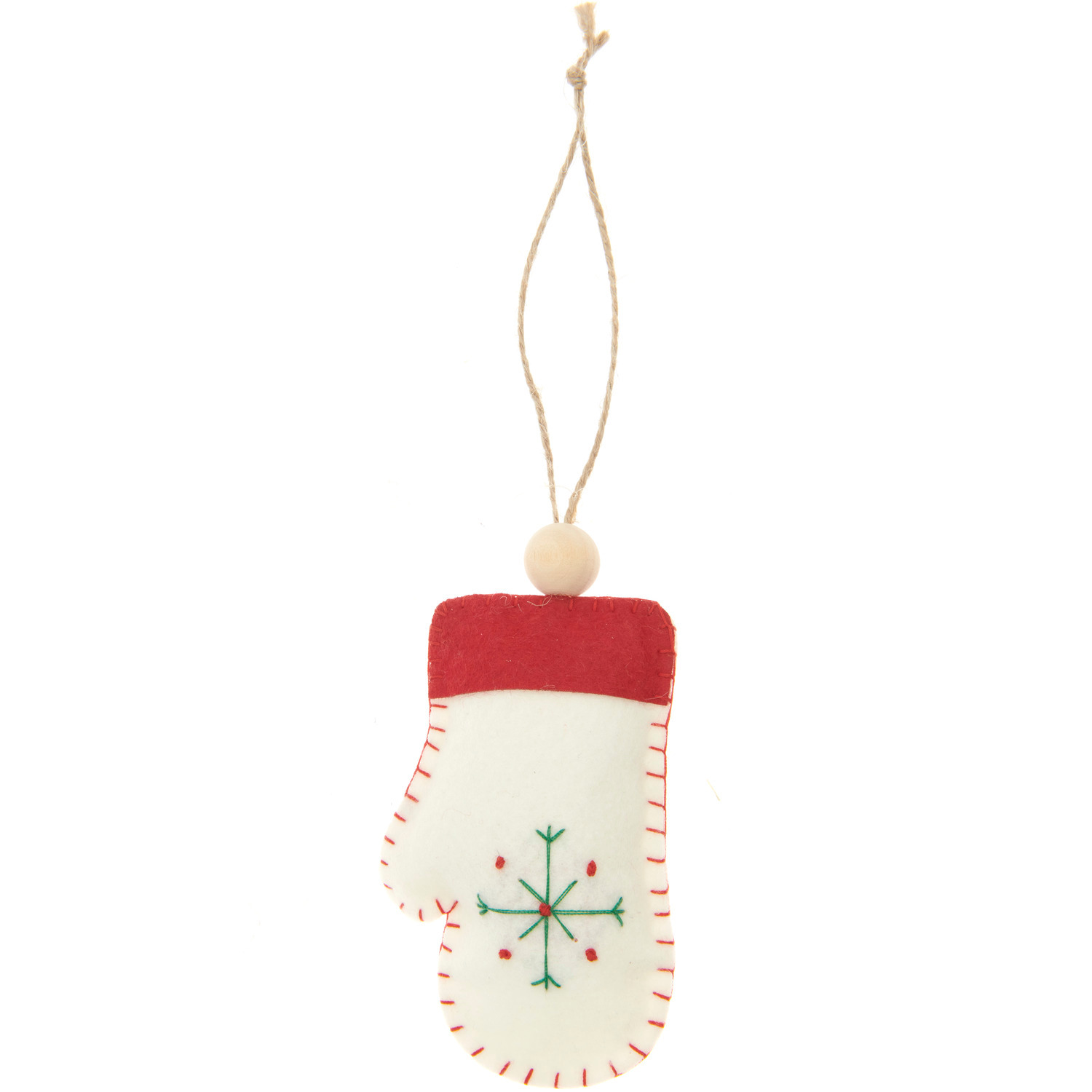 Filzhandschuh Weiß Rot, dekorativer Handschuh aus Filz mit rotem Rand und grünem Schneeflockenmuster, 9x2,5x5,5cm, von Rico Design.