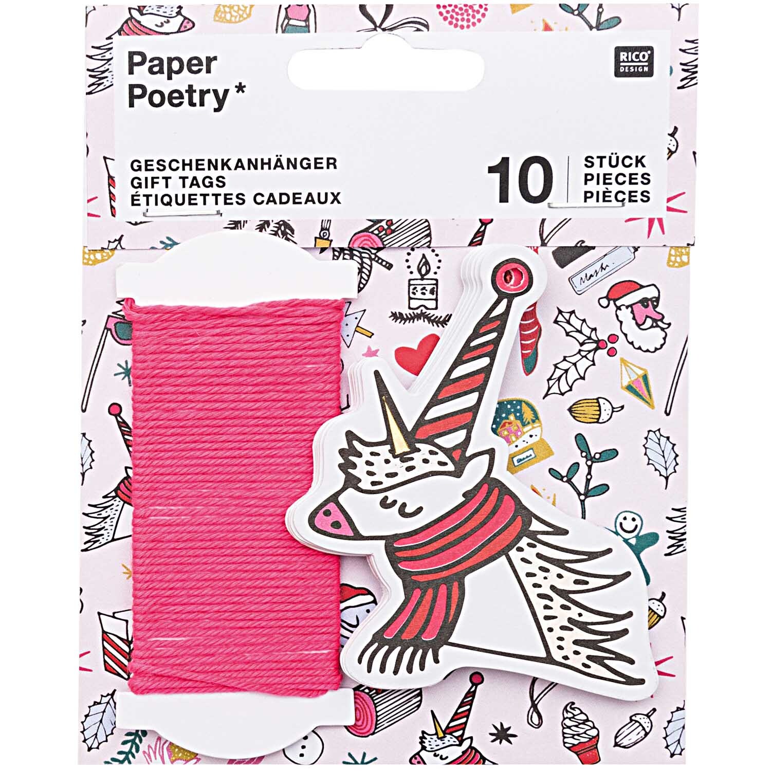 Paper Poetry Geschenkanhänger Einhorn X-MAS, 10 Stück, mit pinkem Faden und festlichem Design. Ideal für kreative Weihnachtsgeschenke.
