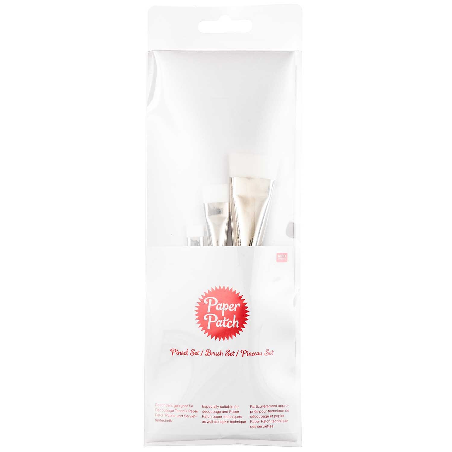 Pinselset für Paper Patch, 3-teilig, von Rico Design. Enthält drei Pinsel in einer transparenten Verpackung. Ideal für kreative Projekte.