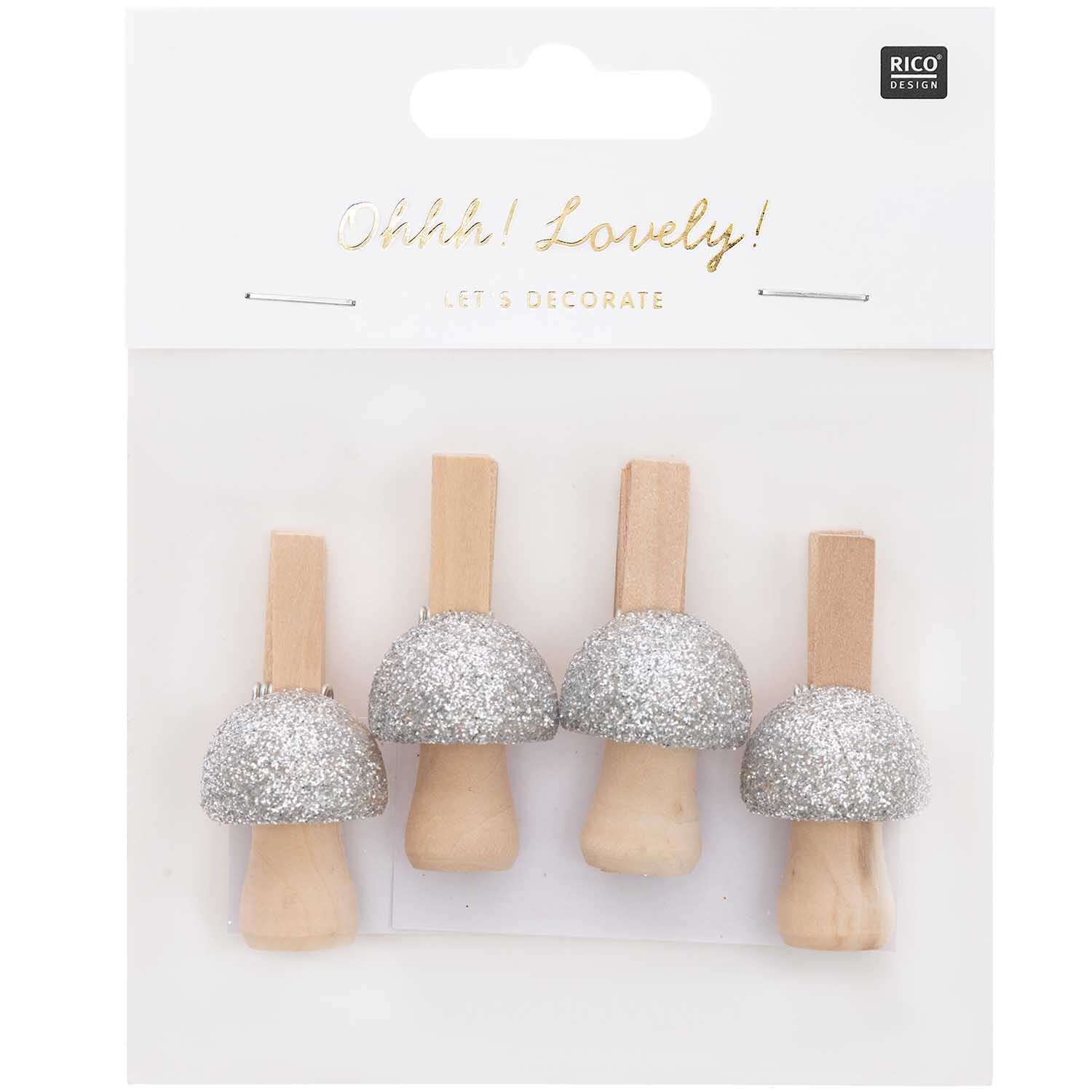Dekoklammern Pilz mit Glitter silber 4,8cm 4 Stück von Rico Design
