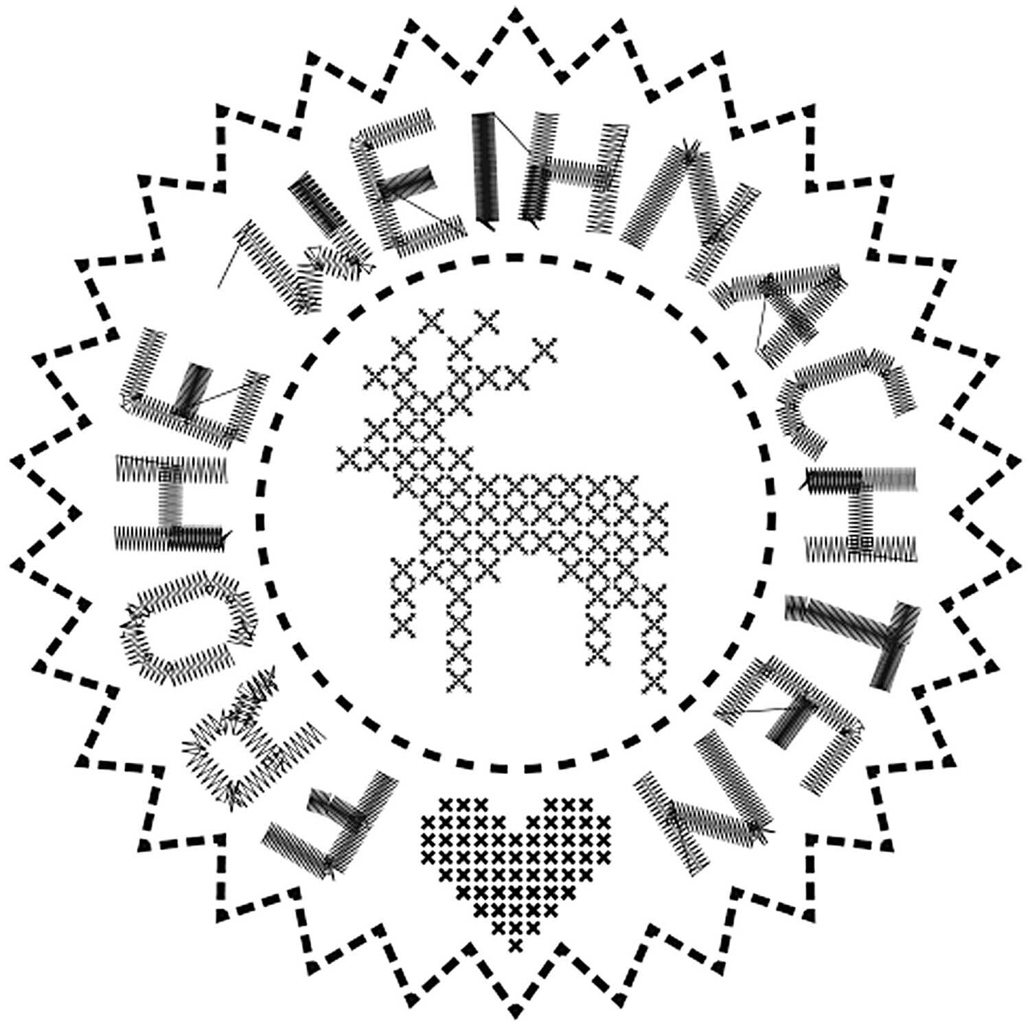 Stempel Frohe Weihnachten Kreuzstich Ø=3,5cm rund von Rico Design zeigt ein Rentier und Herz im Kreuzstichmuster, umgeben von dekorativem Text.