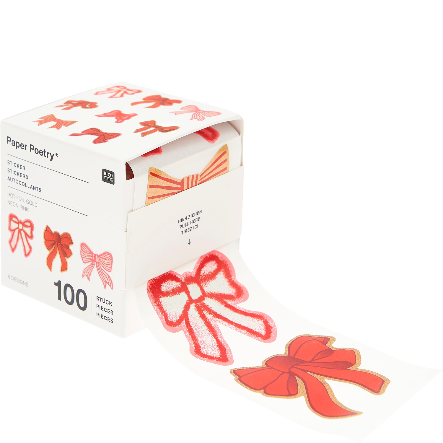 Paper Poetry Sticker Schleifen Classic von Rico Design, 100 Stück, rote Schleifen auf Rolle. Ideal für kreative Dekorationen und Bastelprojekte.