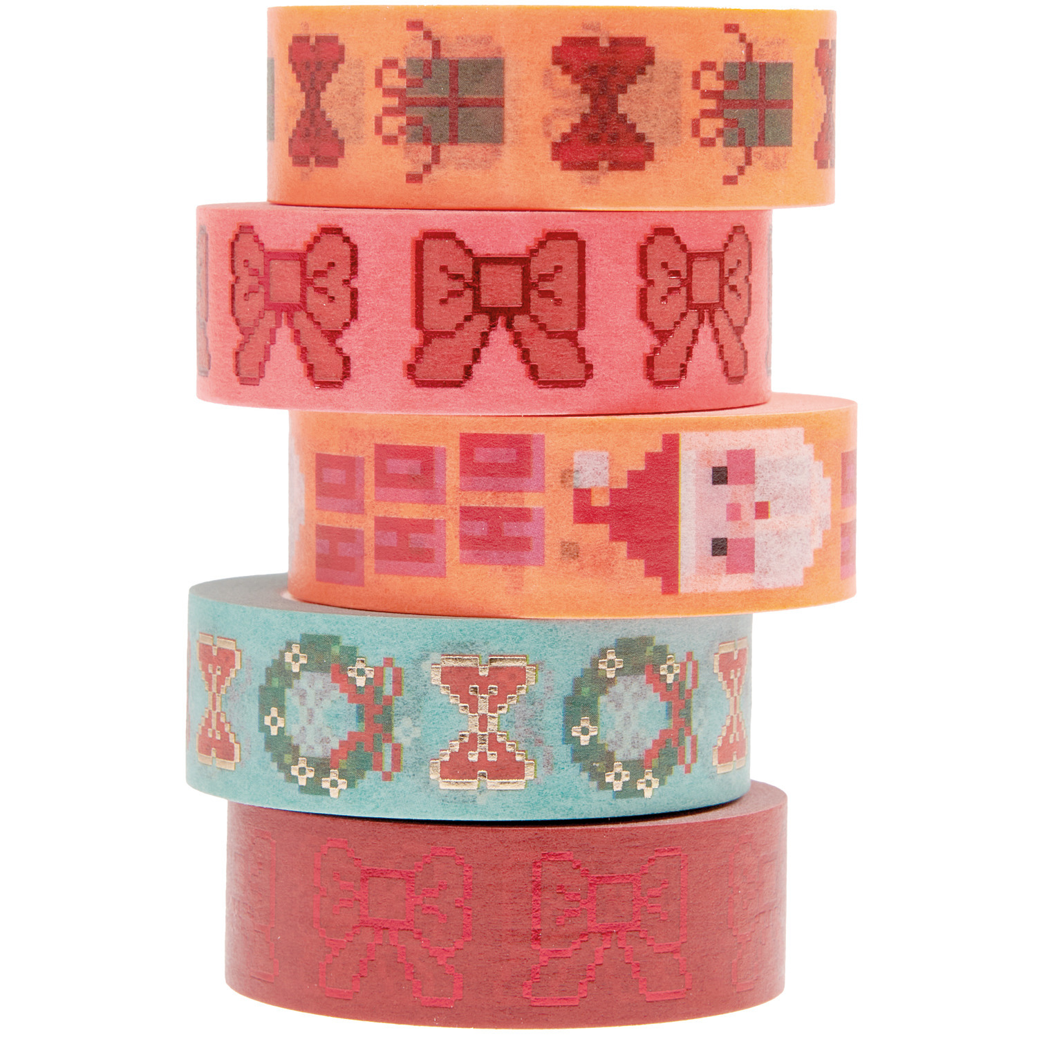Paper Poetry Tape Set Schleifen Pixel von Rico Design, 5 bunte Rollen mit Pixelmustern und Schleifen.