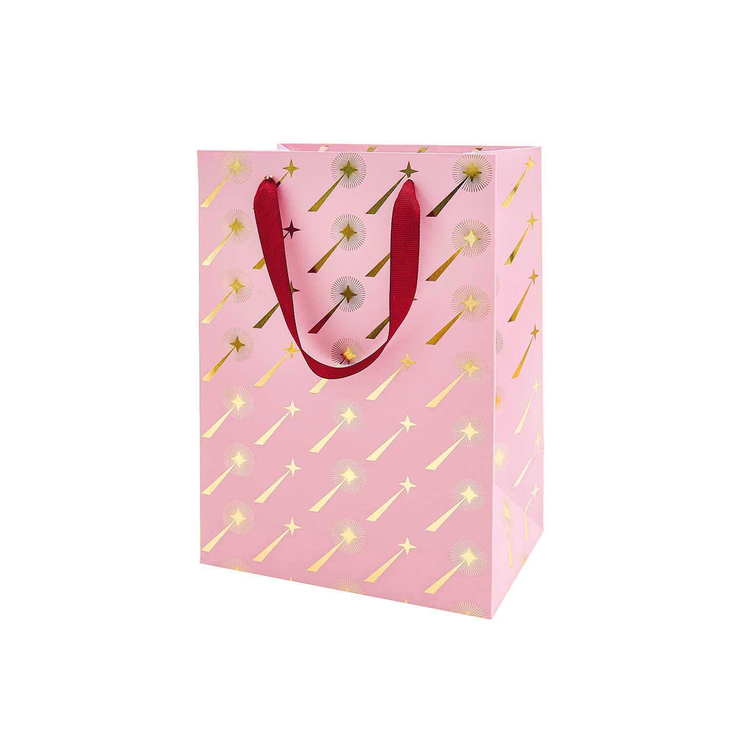 Paper Poetry Geschenktüte mit Sternschnuppenmuster, rosa, mit roten Griffen, ideal für Geschenke.