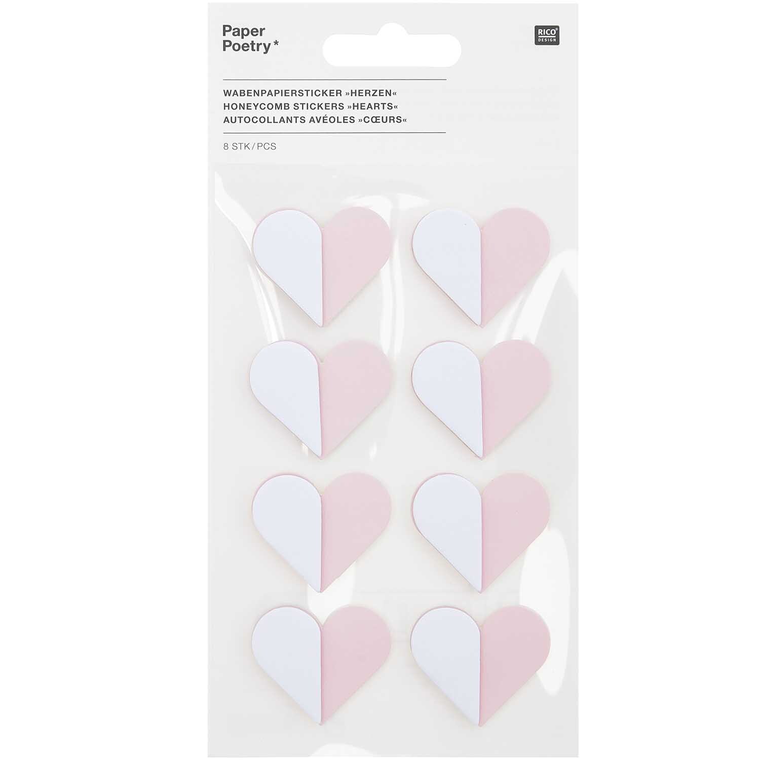 Paper Poetry Wabenpapiersticker Herzen 1 Blatt Farbe Rosa von Rico Design Paper Poetry Wabenpapiersticker Herzen, rosa und weiß, auf einem Blatt von Rico Design.