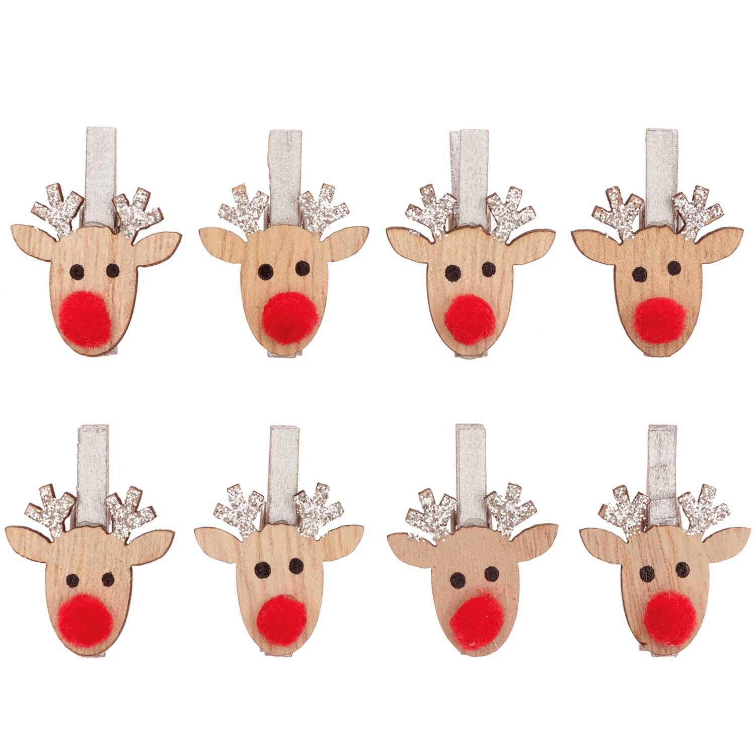 Dekoklammern mit Glitter Rentier 3cm 8 Stück Farbe Silber von Rico Design Dekoklammern mit Glitter Rentier, 8 Stück, zeigen niedliche Rentiergesichter mit roten Nasen und silbernen Geweihen. Ideal für festliche Dekorationen.