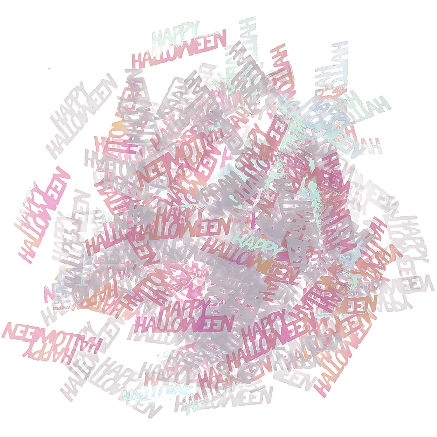 Flitterstreu Happy Halloween 200 Stück, irisierend, von Rico Design. Streu in Form von "Happy Halloween"-Schriftzügen.