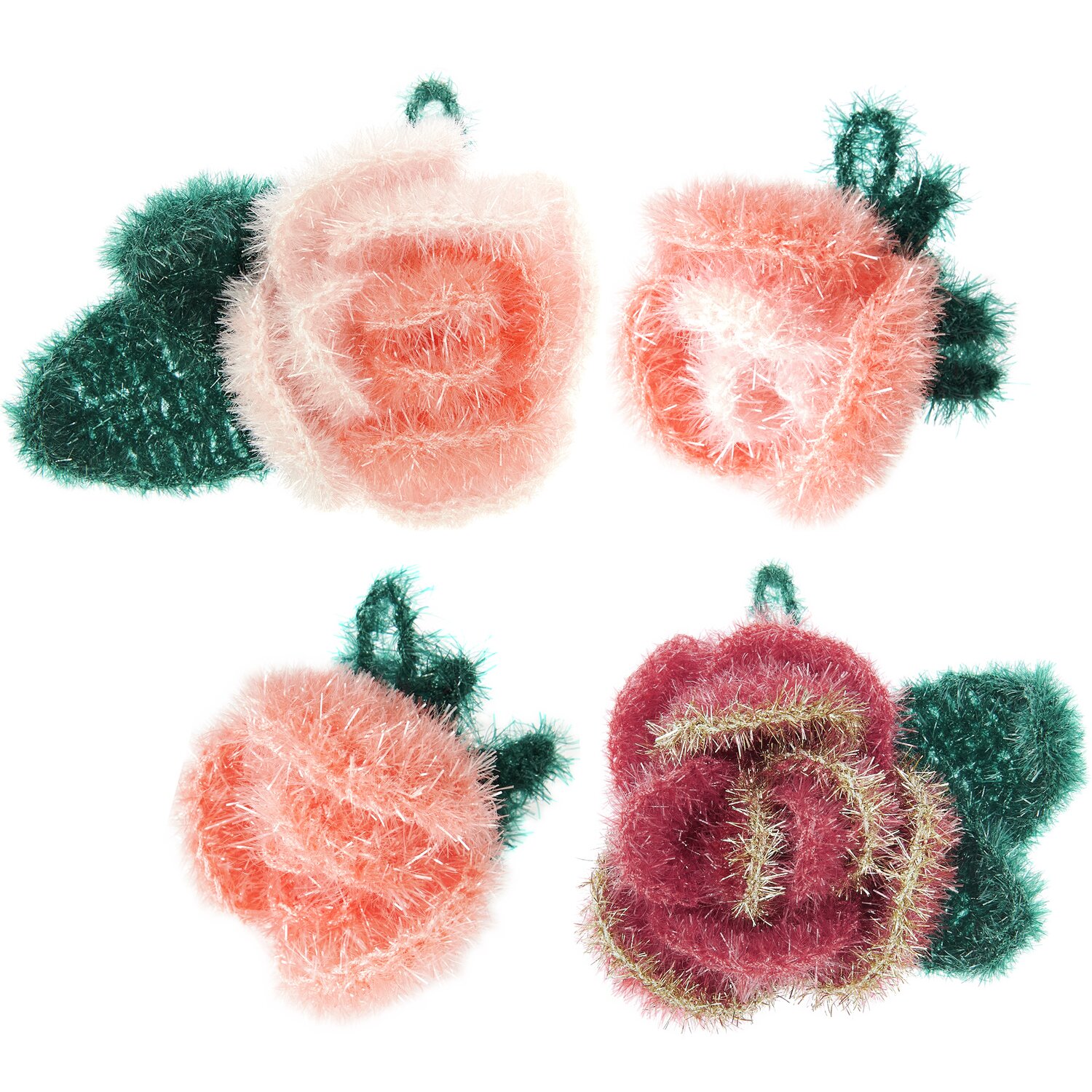 Häkelset Creative Bubble Rose Romantic: Vier flauschige Rosen in verschiedenen Rosa- und Grüntönen von Rico Design.