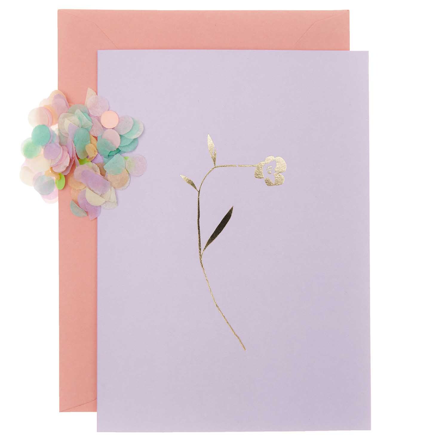 Paper Poetry Grußkartenset Transformation in Flieder mit zartem Blumenmotiv und buntem Konfetti, ideal für kreative Grüße.