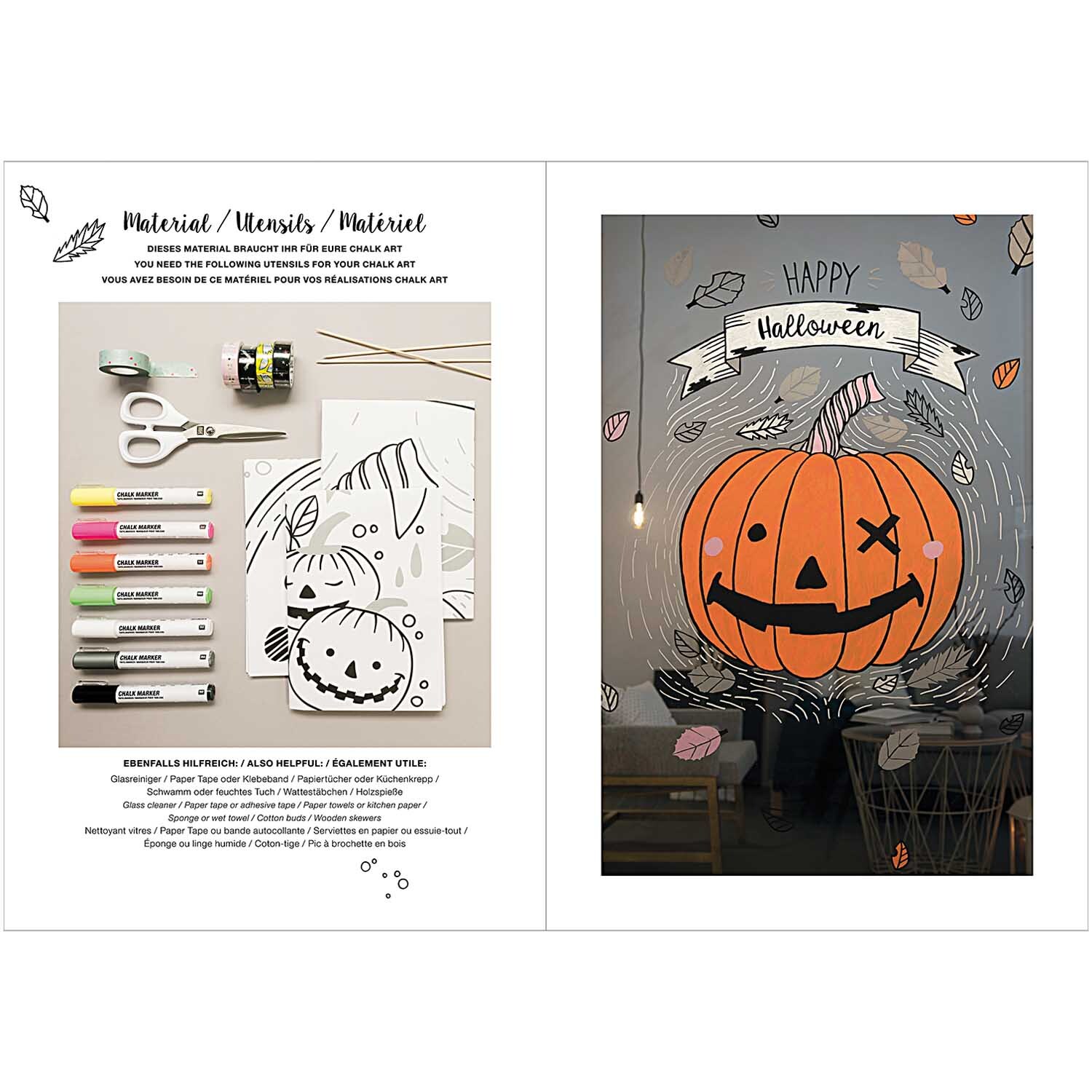 Vorlagenmappe Halloween Fenster- und Glasmalerei mit Kreidestiften von Rico Design Vorlagenmappe Halloween Fenster- und Glasmalerei mit Kreidestiften zeigt eine bemalte Kürbiszeichnung auf Glas mit Kreidestiften von Rico Design.