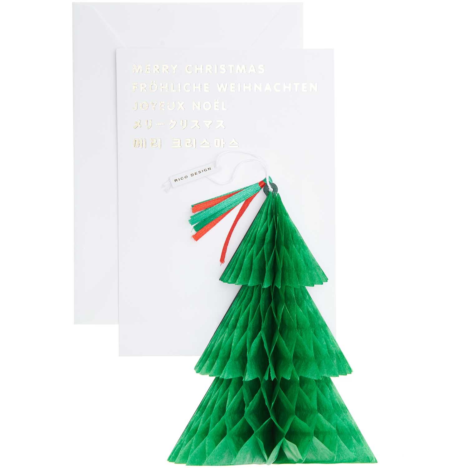 Paper Poetry Kartenset mit Pop-Up Anhänger Tanne B6 zeigt eine grüne 3D-Tanne vor einer weißen Karte mit festlichen Grüßen. Marke: Rico Design.