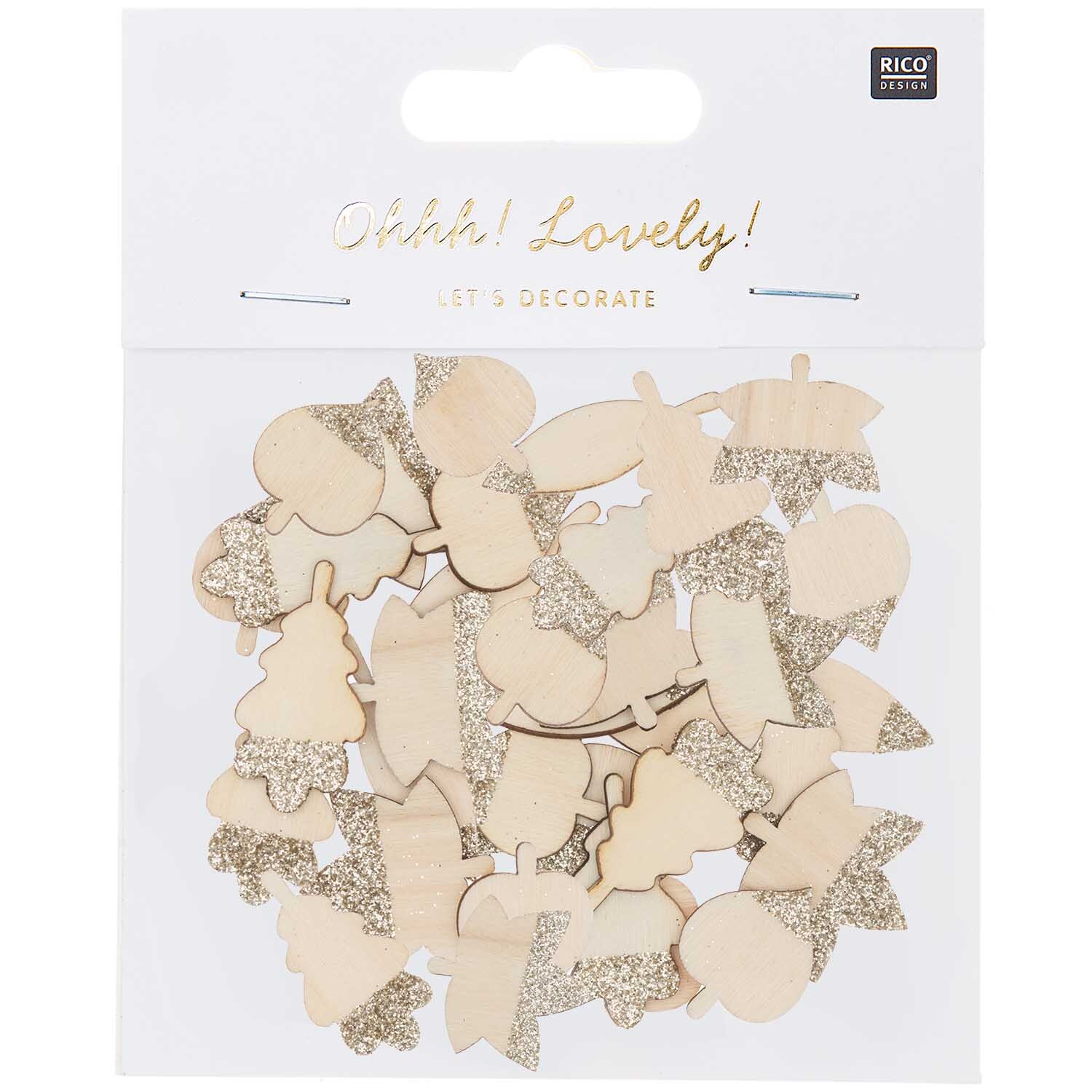 Holzstreu Blätter Mix mit Glitter natur-gold 48 Stück von Rico Design