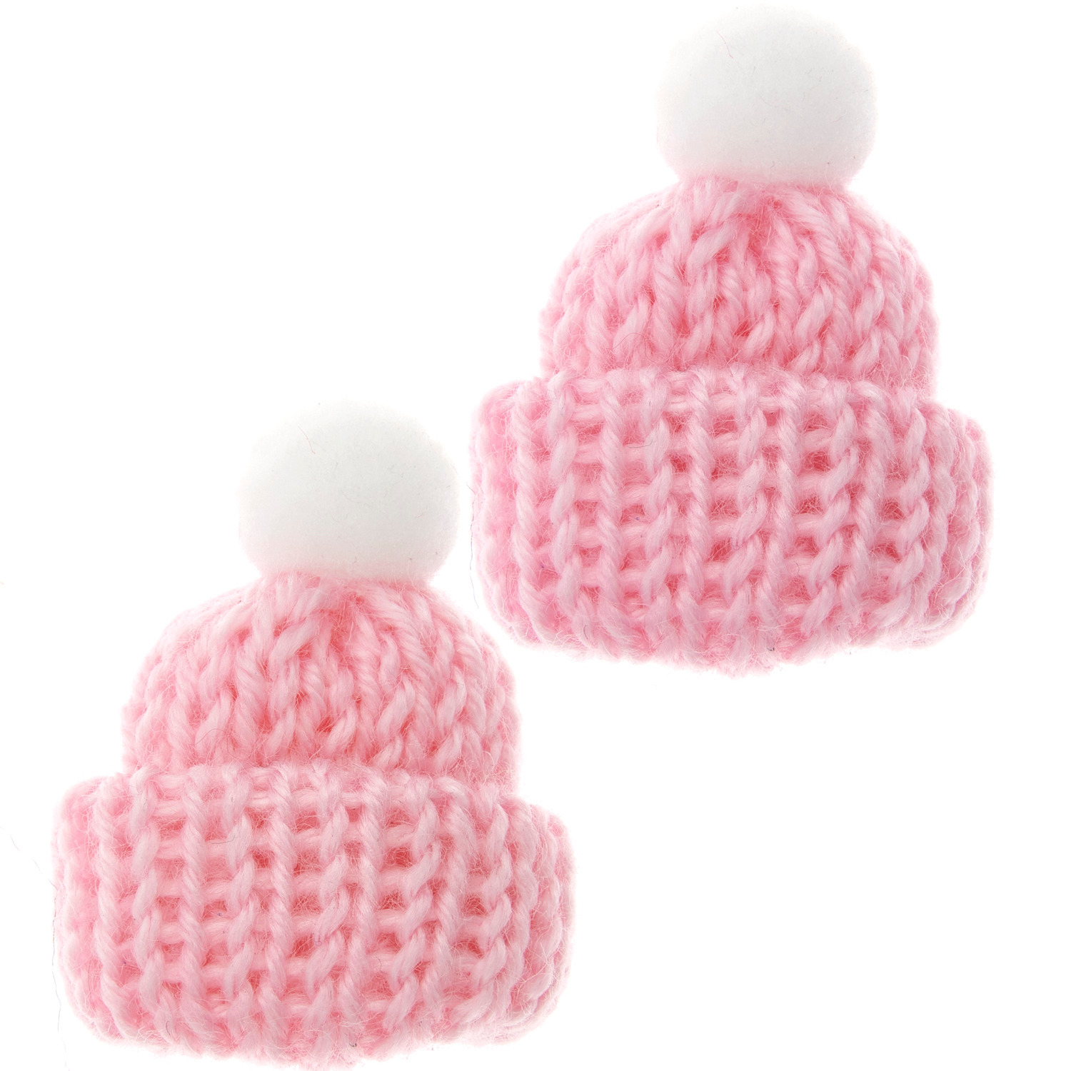 Miniatur Strickmütze: Zwei rosa gestrickte Mützen mit weißen Pompons, ideal für Dekorationen.