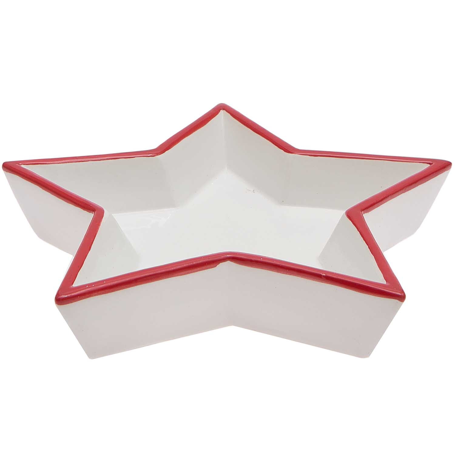 Porzellanteller in Sternform mit rotem Rand von Rico Design, ideal für festliche Anlässe.