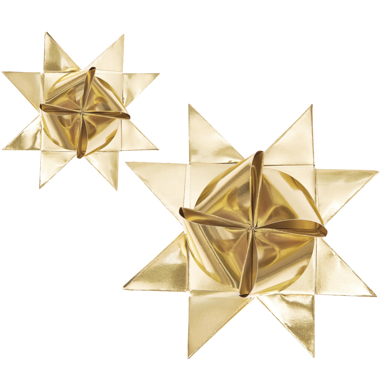 Paper Poetry Fröbelstreifen Metallic M+L: Zwei goldene Fröbelsterne aus 60 Streifen von Rico Design, kunstvoll gefaltet.